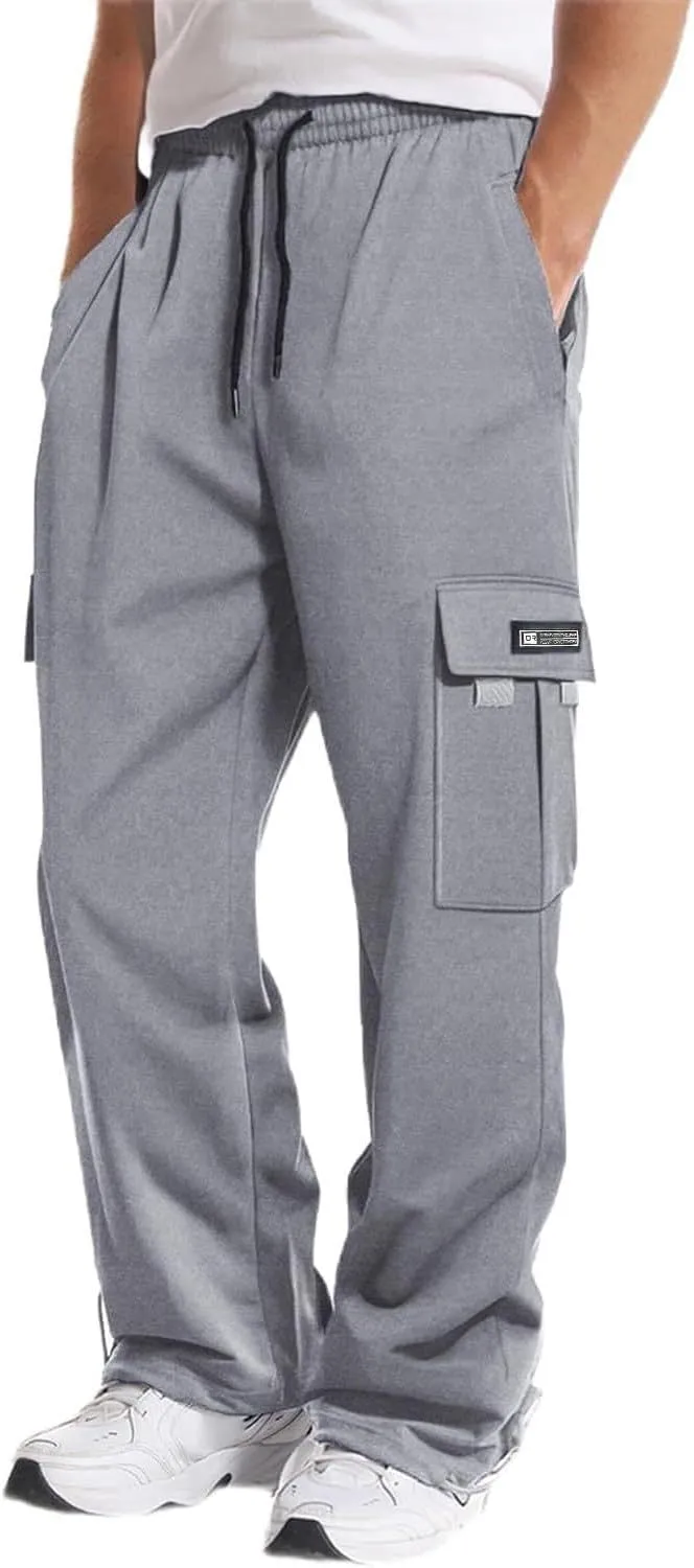 Loose Fit Cargo Sweatpants for Men Drawstring Waist Wide Leg Cuffed Sweatpants Open Bottom Sweatpants with Pockets
