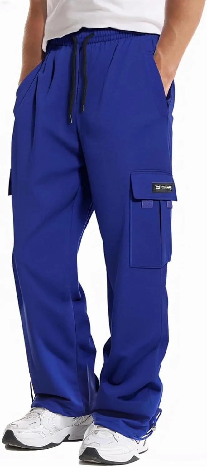 Loose Fit Cargo Sweatpants for Men Drawstring Waist Wide Leg Cuffed Sweatpants Open Bottom Sweatpants with Pockets