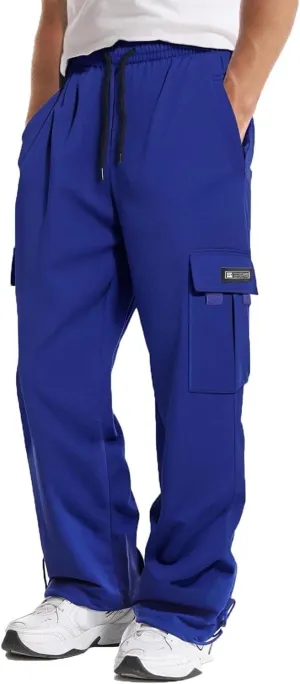 Loose Fit Cargo Sweatpants for Men Drawstring Waist Wide Leg Cuffed Sweatpants Open Bottom Sweatpants with Pockets