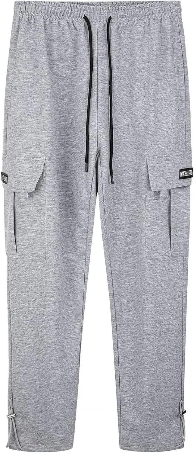 Loose Fit Cargo Sweatpants for Men Drawstring Waist Wide Leg Cuffed Sweatpants Open Bottom Sweatpants with Pockets