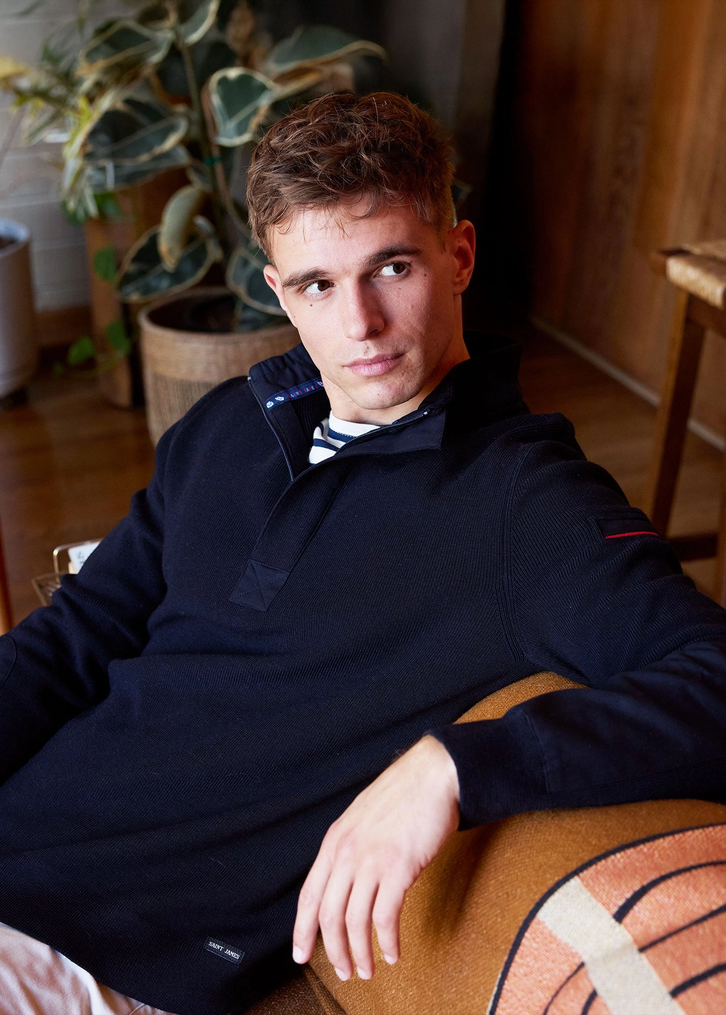 Winter Layering Soft Touch Texture LOUP DE MER II - Quarter Zip Sweater with Forearm Canvas Trim For Men| 100% Wool (NAVY)