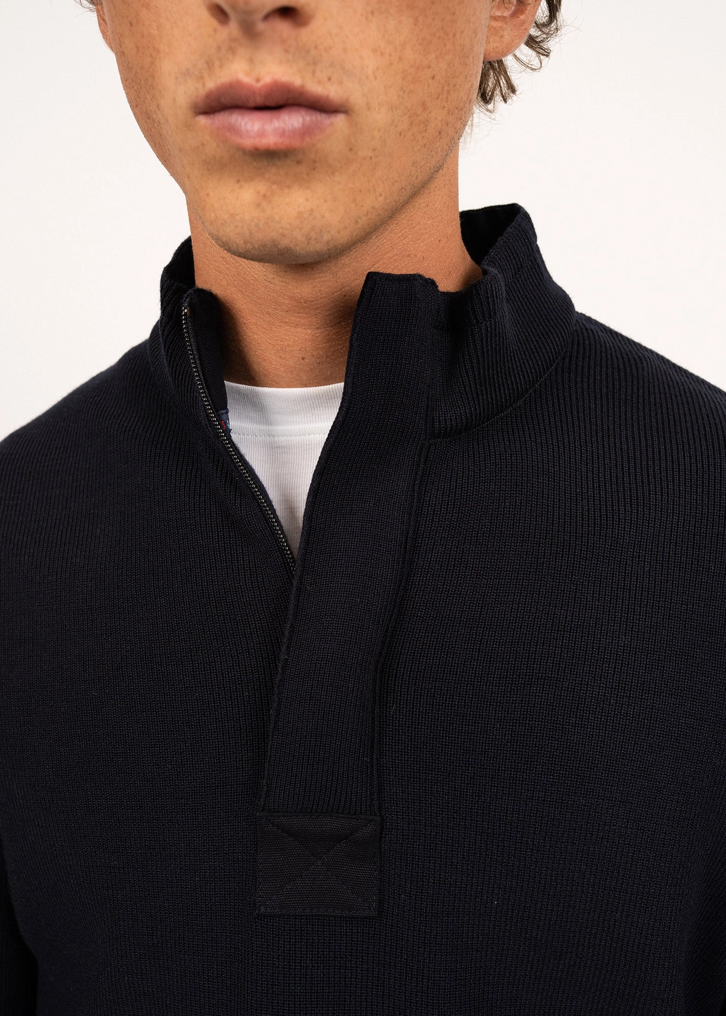 LOUP DE MER II - Quarter Zip Sweater with Forearm Canvas Trim For Men| 100% Wool (NAVY) Chilly Knitwear Loopback Fabric