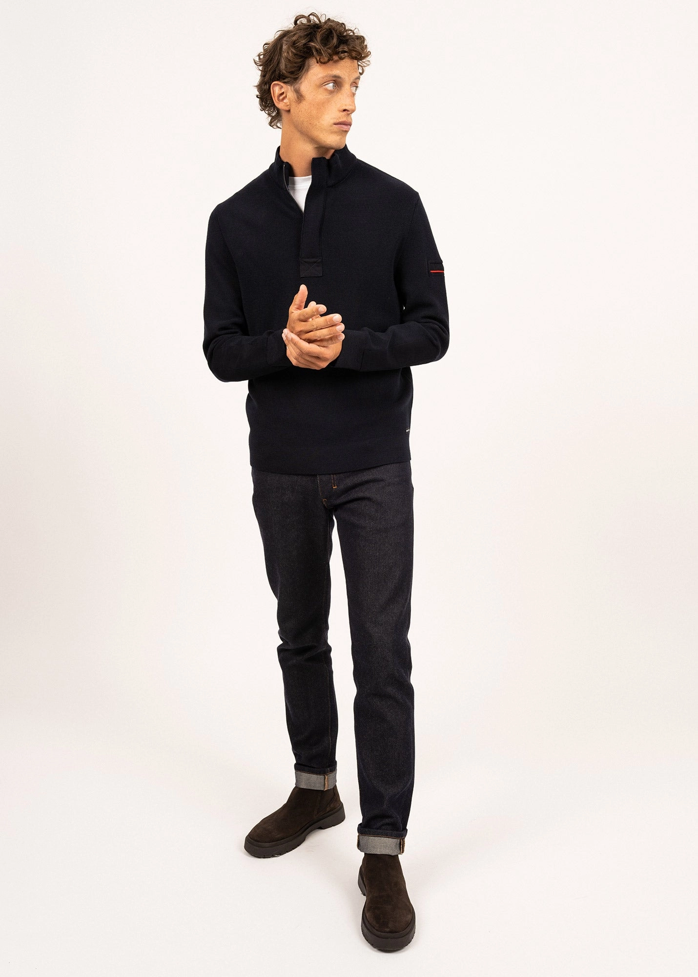 LOUP DE MER II - Quarter Zip Sweater with Forearm Canvas Trim For Men| 100% Wool (NAVY) Cozy Warmth Cold Day Outfit