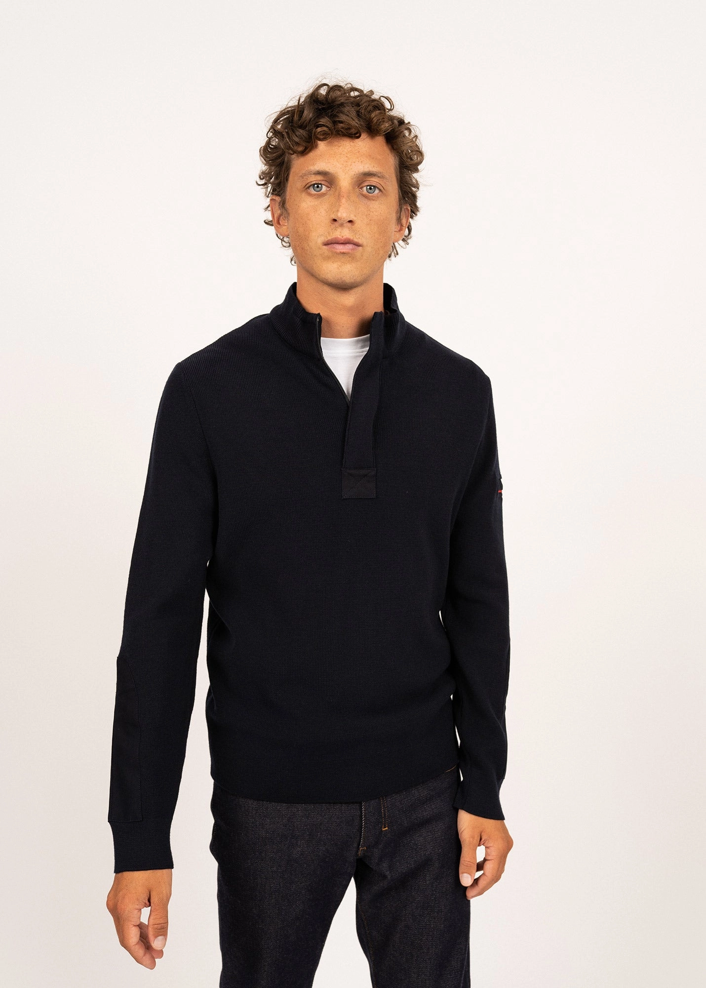 Non Static Fiber Tech Comfy Touch LOUP DE MER II - Quarter Zip Sweater with Forearm Canvas Trim For Men| 100% Wool (NAVY)
