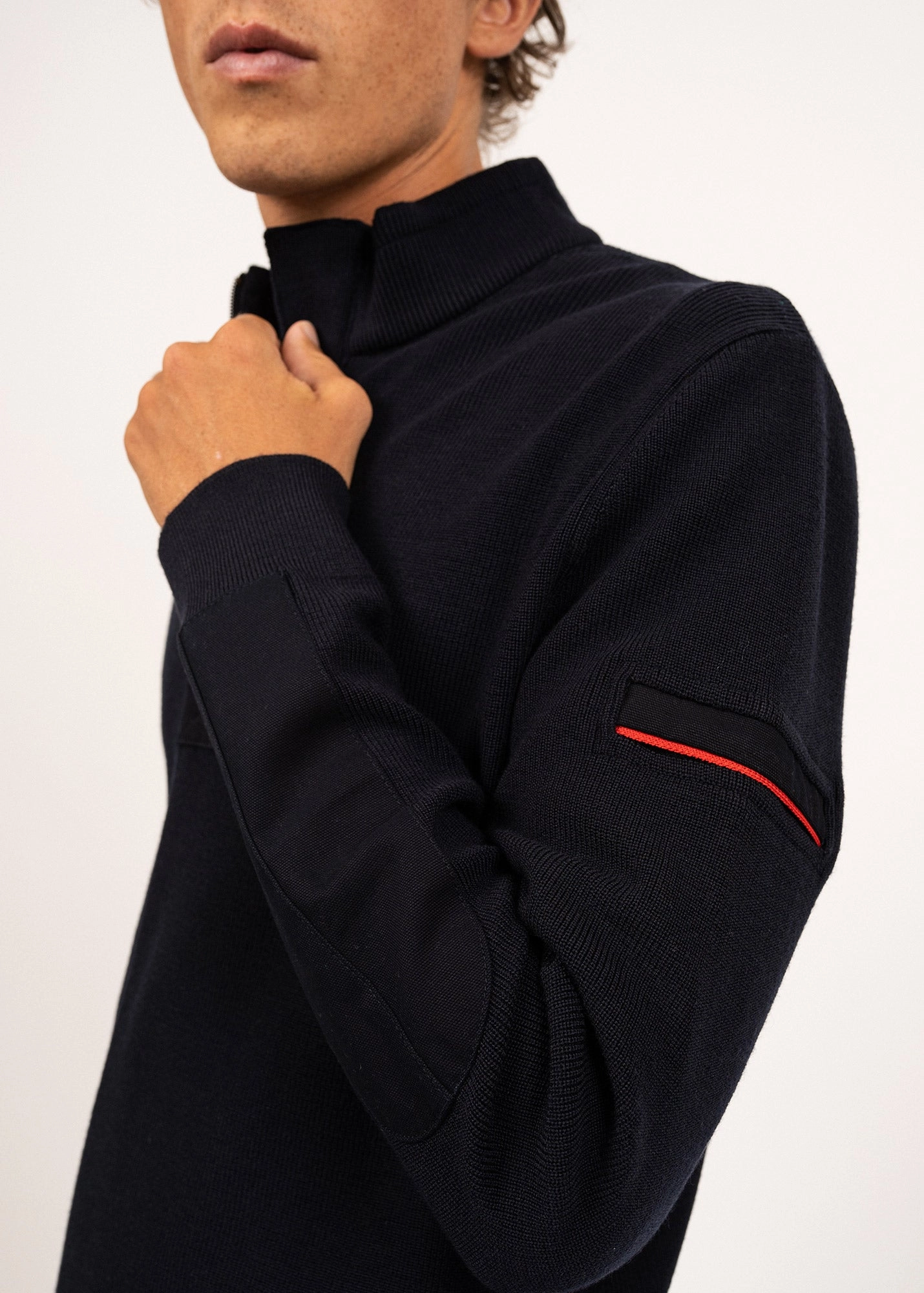 Stylish Apparel LOUP DE MER II - Quarter Zip Sweater with Forearm Canvas Trim For Men| 100% Wool (NAVY)