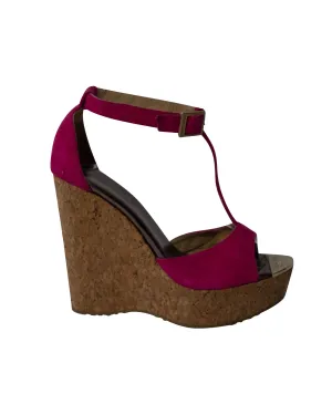 Jimmy Choo T-Bar Peep Toe Wedge in Pink Suede Walk Glow