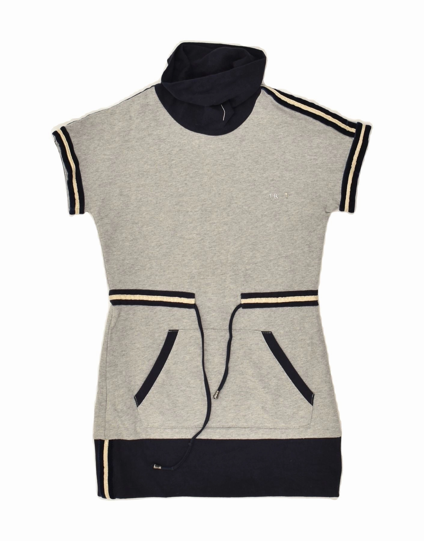 TRUSSARDI Girls Short Sleeve Roll Neck Jumper Dress 7-8 Years Grey Cotton Ruched-Detail