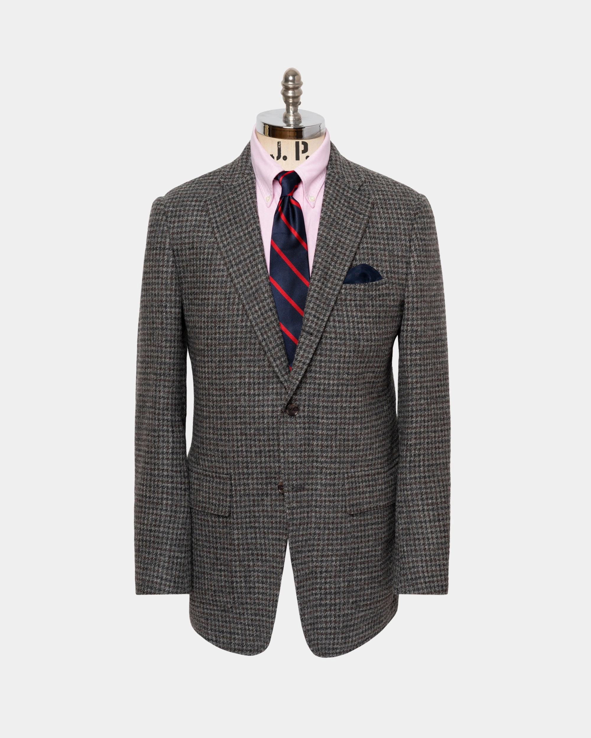 Smart Office Look Made-in-USA Grey & Brown Houndstooth Cheviot Tweed Sport Coat