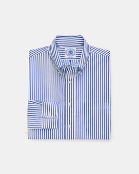 Made-in-Canada Blue Butcher Stripe Broadcloth Button Down Shirt - Classic Fit Budget Friendly Flexible Knit