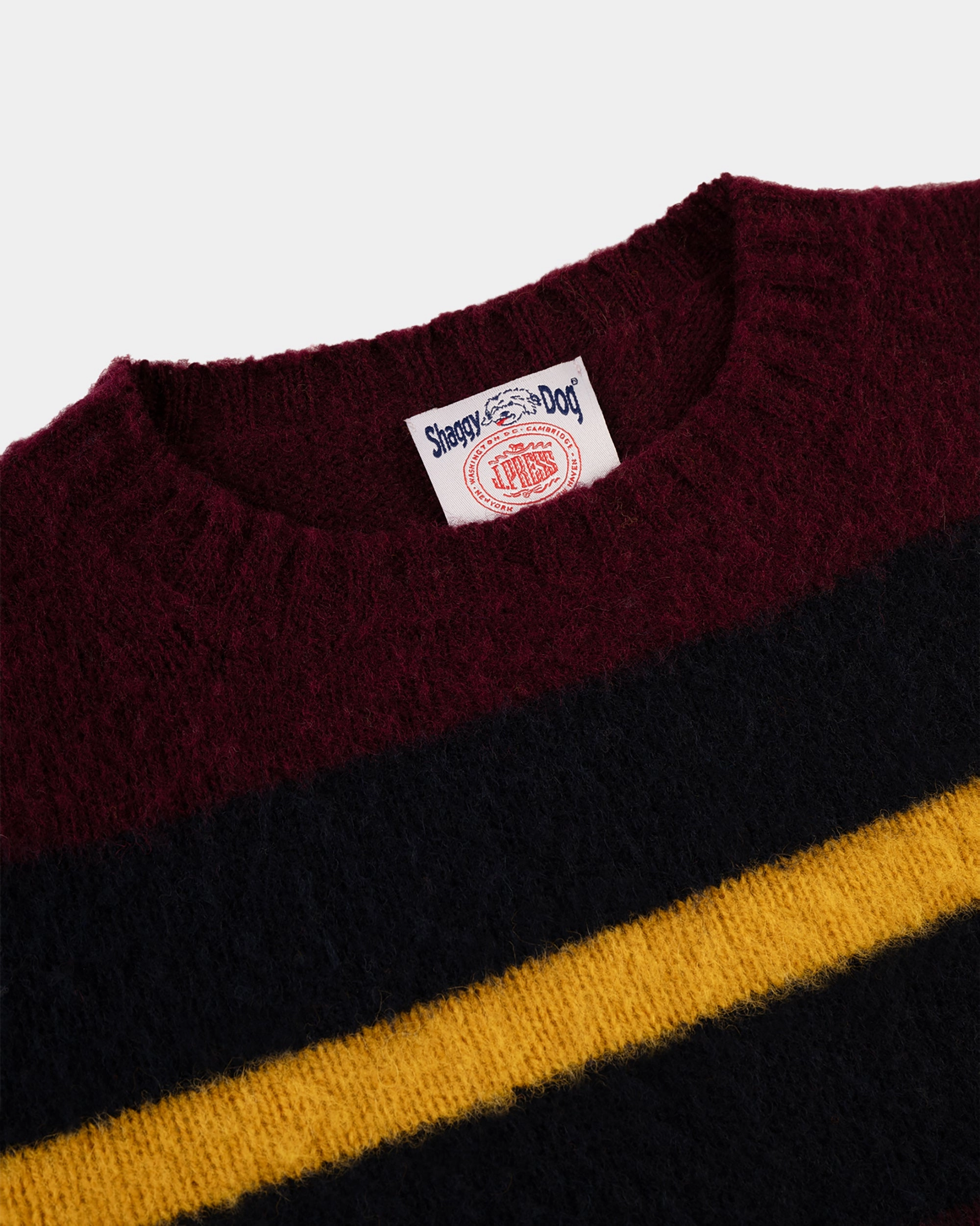 Breathable Mesh Panels Made-in-Scotland Burgundy, Navy & Gold Shaggy Dog Frame Stripe Sweater - Classic Fit