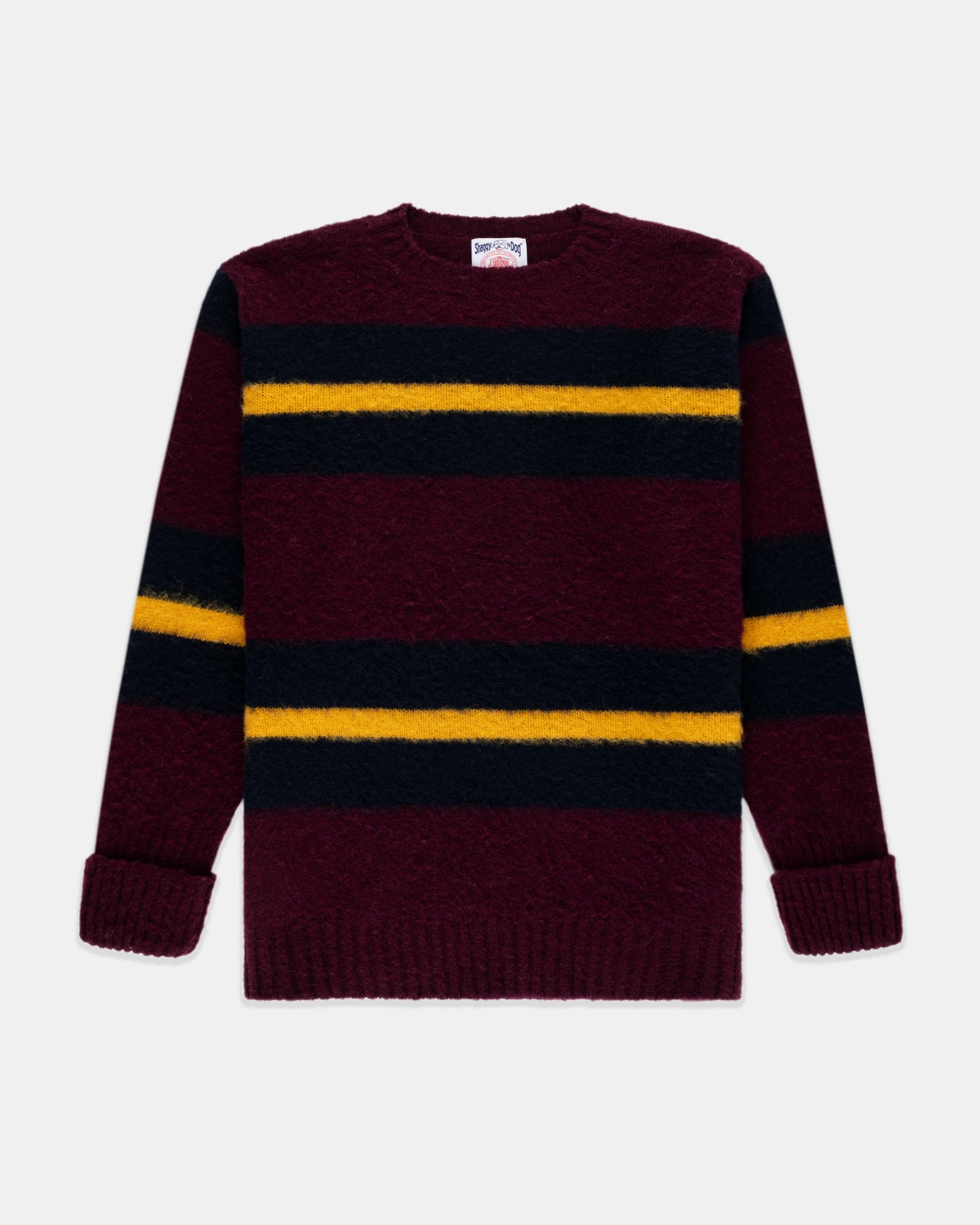Ergonomic Sleeve Shape Made-in-Scotland Burgundy, Navy & Gold Shaggy Dog Frame Stripe Sweater - Classic Fit