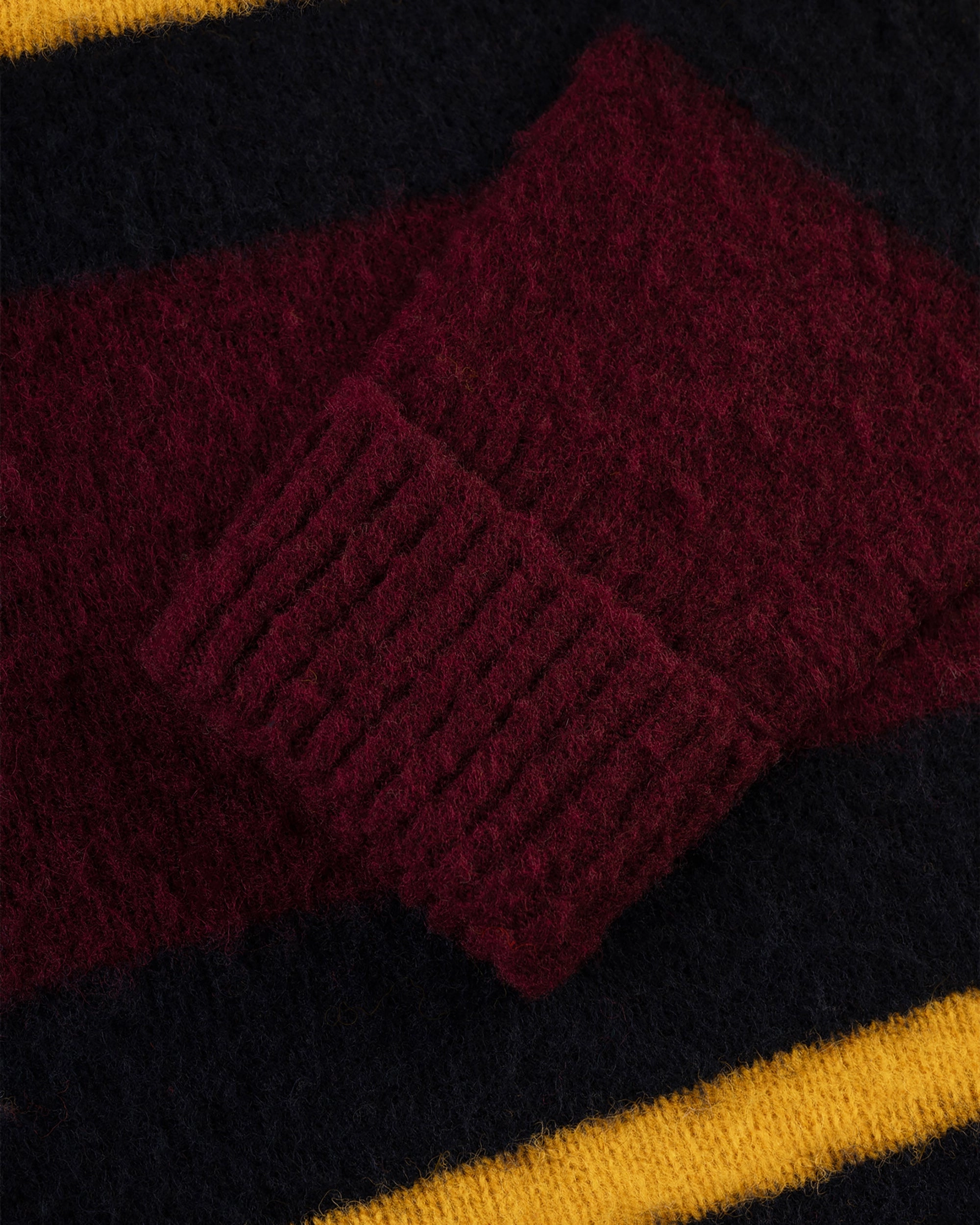 Cozy Thermal Made-in-Scotland Burgundy, Navy & Gold Shaggy Dog Frame Stripe Sweater - Classic Fit