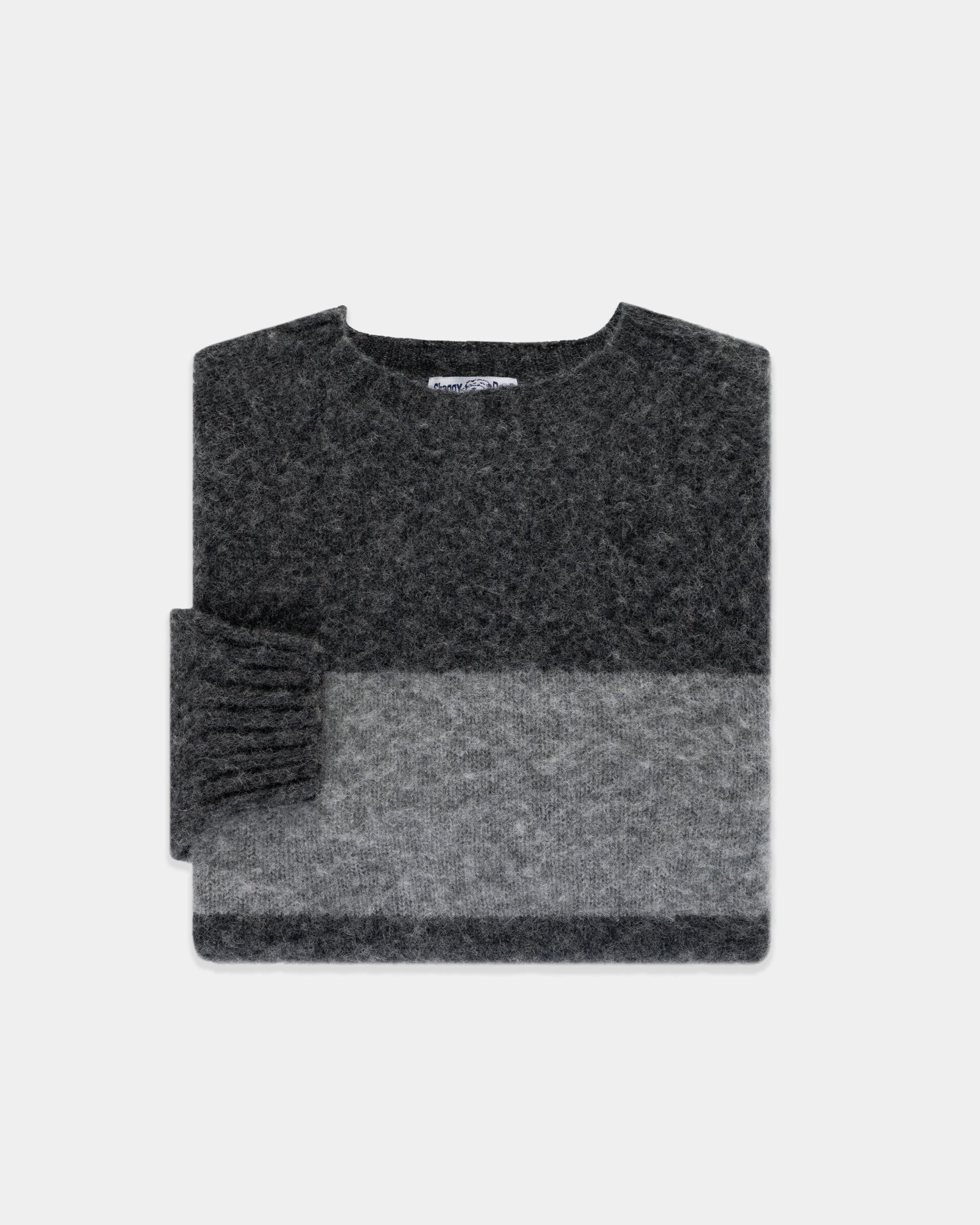 Cozy And Warm Ergonomic Sleeve Engineering Made-in-Scotland Grey & Black Shaggy Dog Block Stripe Sweater - Trim Fit