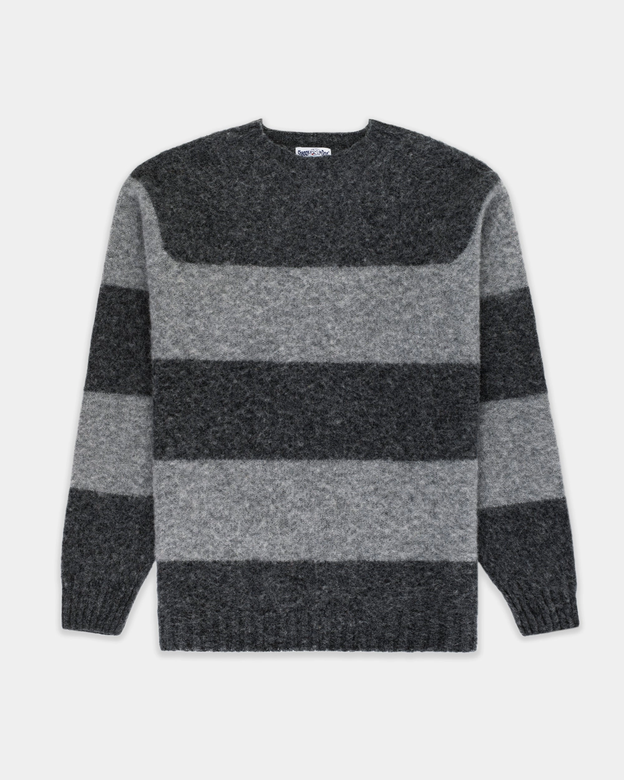 Multi Layer Insulation Cozy and Soft Made-in-Scotland Grey & Black Shaggy Dog Block Stripe Sweater - Trim Fit