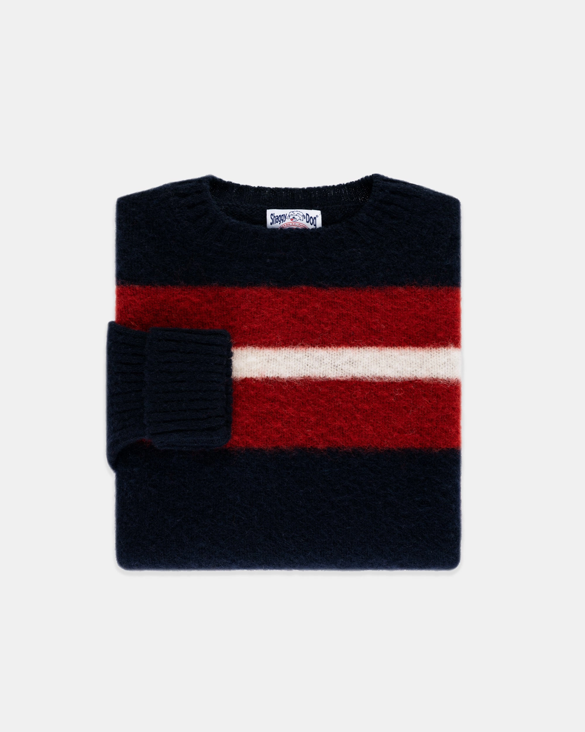 Made-in-Scotland Navy, Crimson & White Shaggy Dog Frame Stripe Sweater - Classic Fit Cozy And Warm