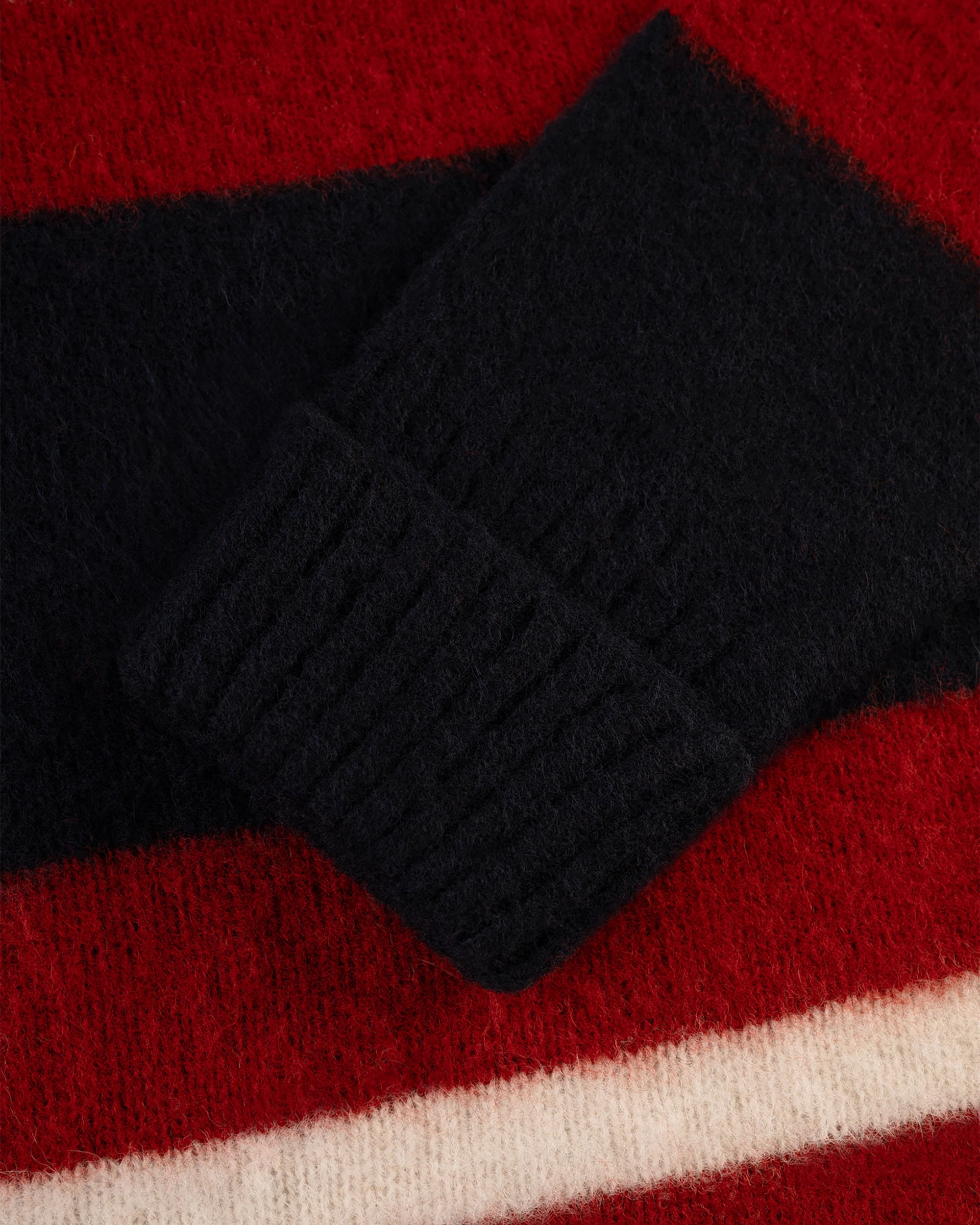 Made-in-Scotland Navy, Crimson & White Shaggy Dog Frame Stripe Sweater - Classic Fit Comfy Knitwear