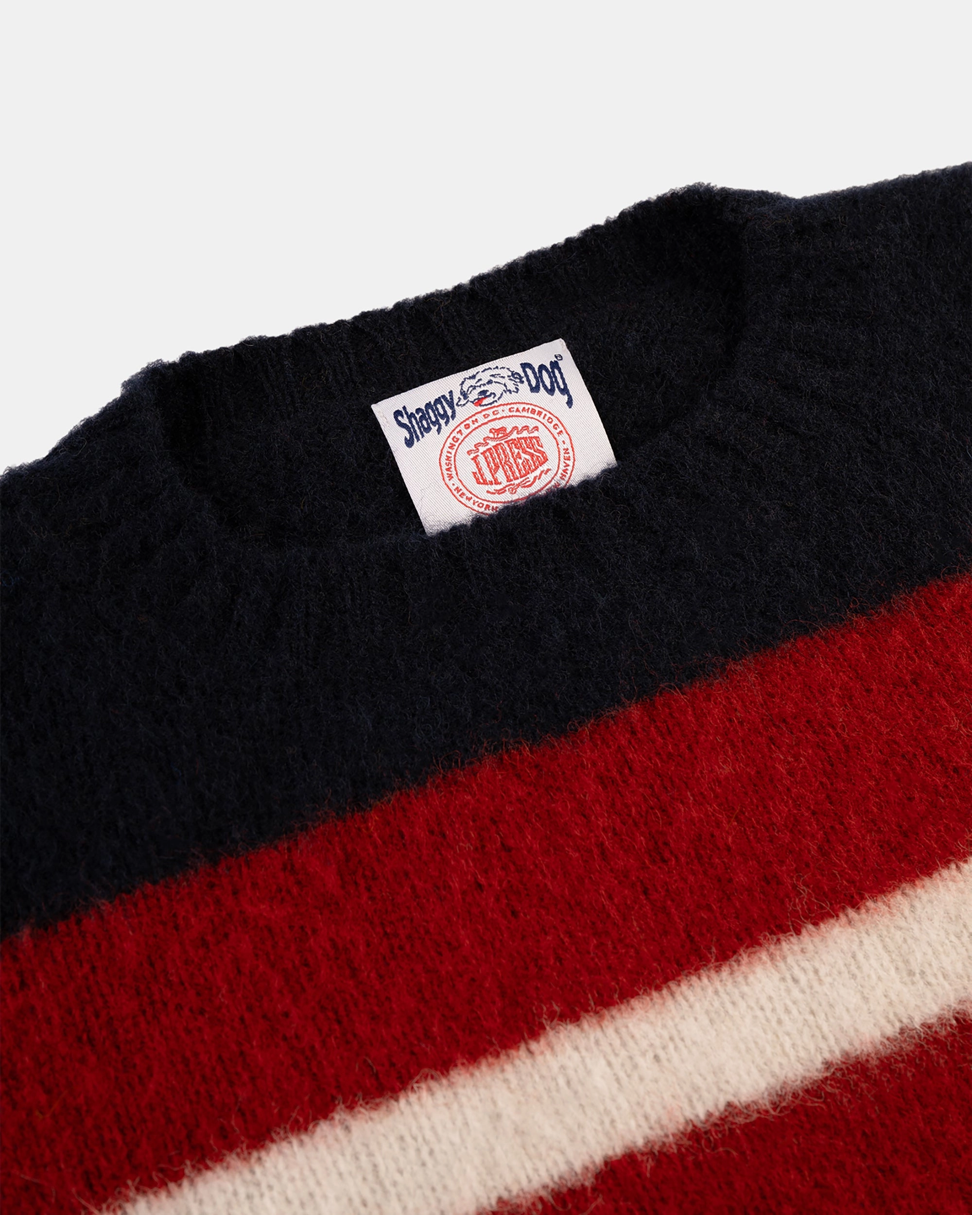 Made-in-Scotland Navy, Crimson & White Shaggy Dog Frame Stripe Sweater - Classic Fit Stylish Knitwear