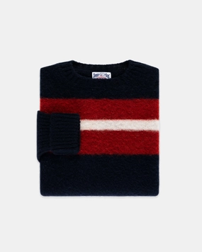 Made-in-Scotland Navy, Crimson & White Shaggy Dog Frame Stripe Sweater - Classic Fit Cozy And Warm