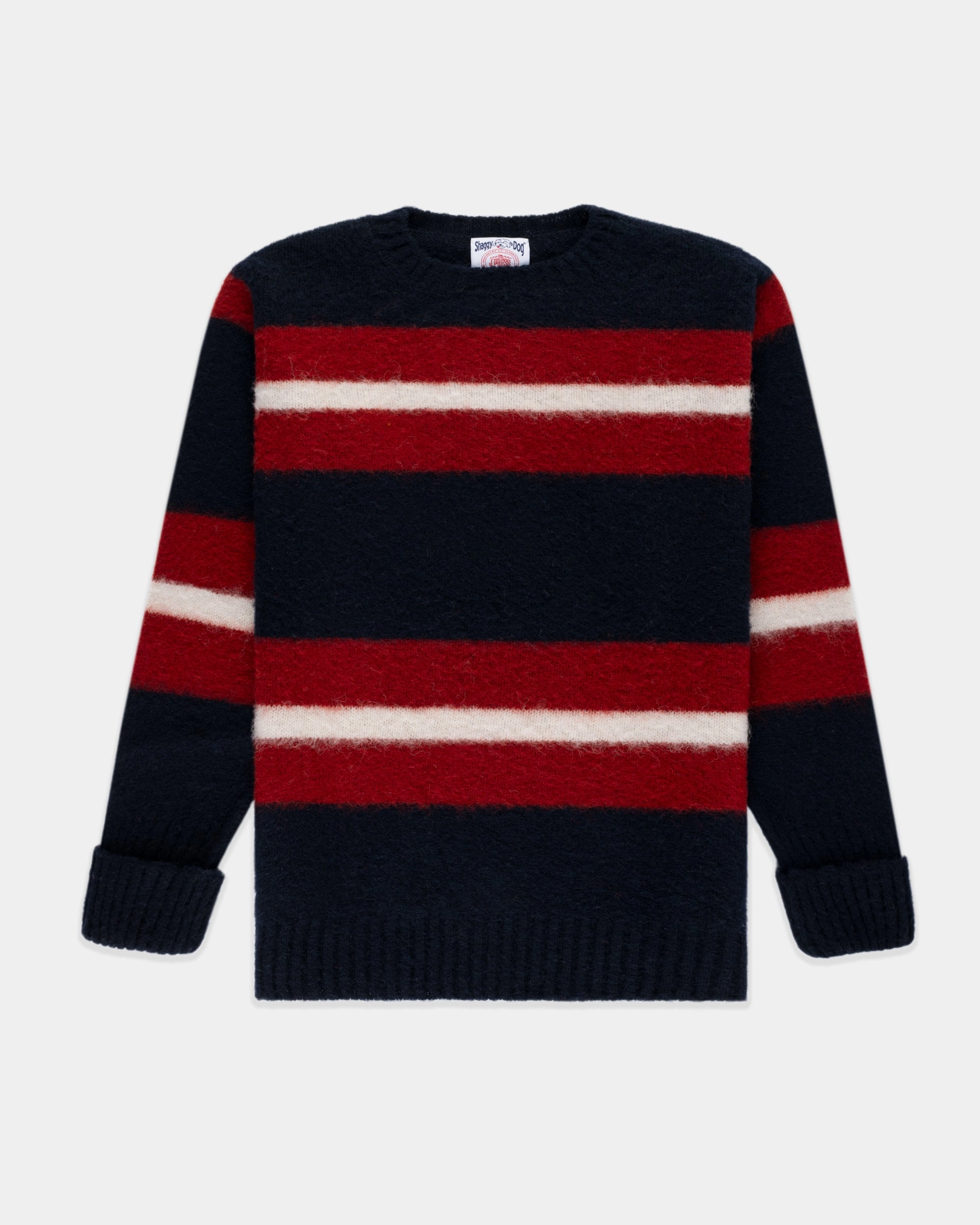Made-in-Scotland Navy, Crimson & White Shaggy Dog Frame Stripe Sweater - Classic Fit Chilly Day Knit