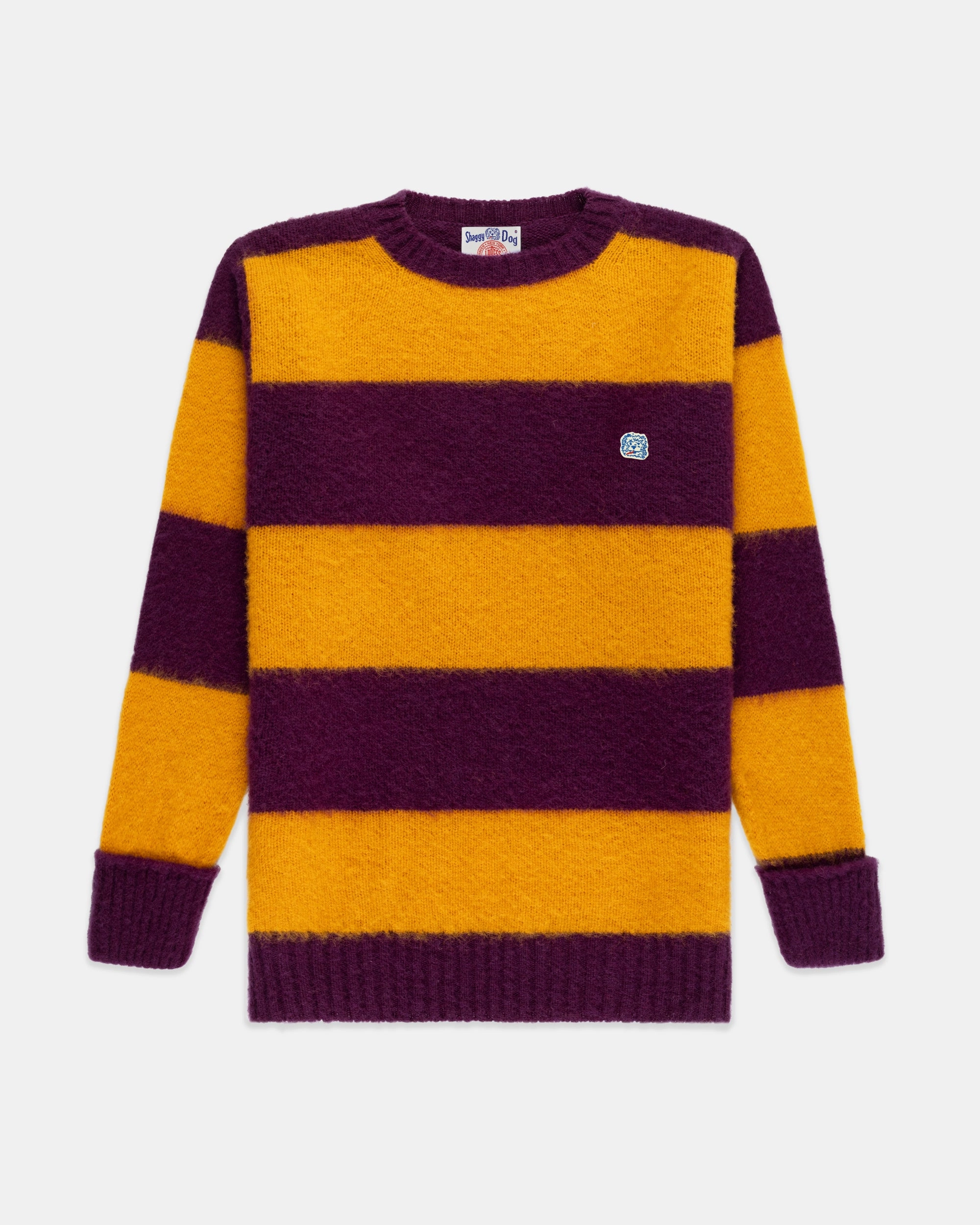 Seasonal Fashion Lightweight Knit Made-in-Scotland Purple & Yellow Stripe Shaggy Dog Icon Sweater - Classic Fit