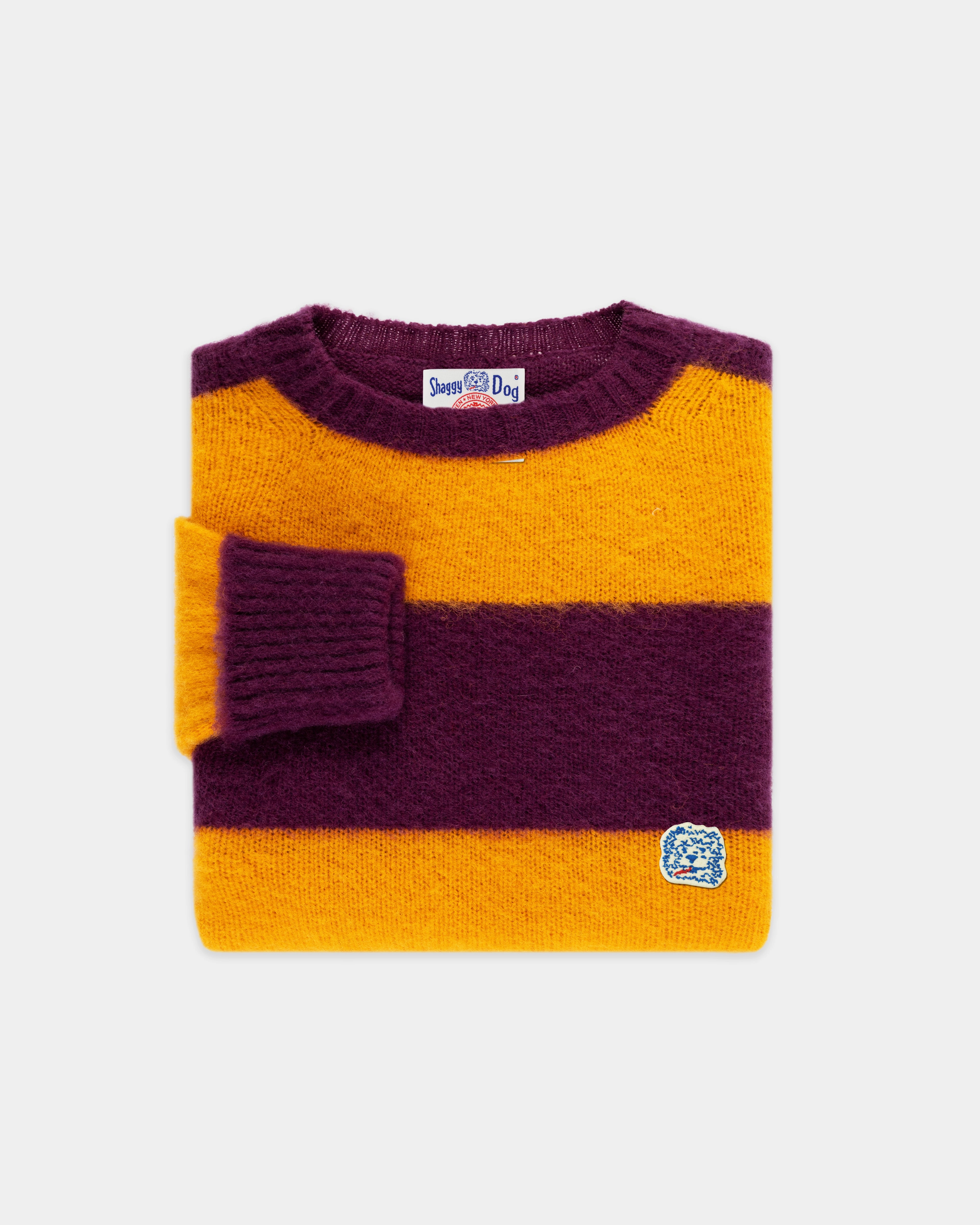 Made-in-Scotland Purple & Yellow Stripe Shaggy Dog Icon Sweater - Classic Fit Snuggle Ready Warm Knit
