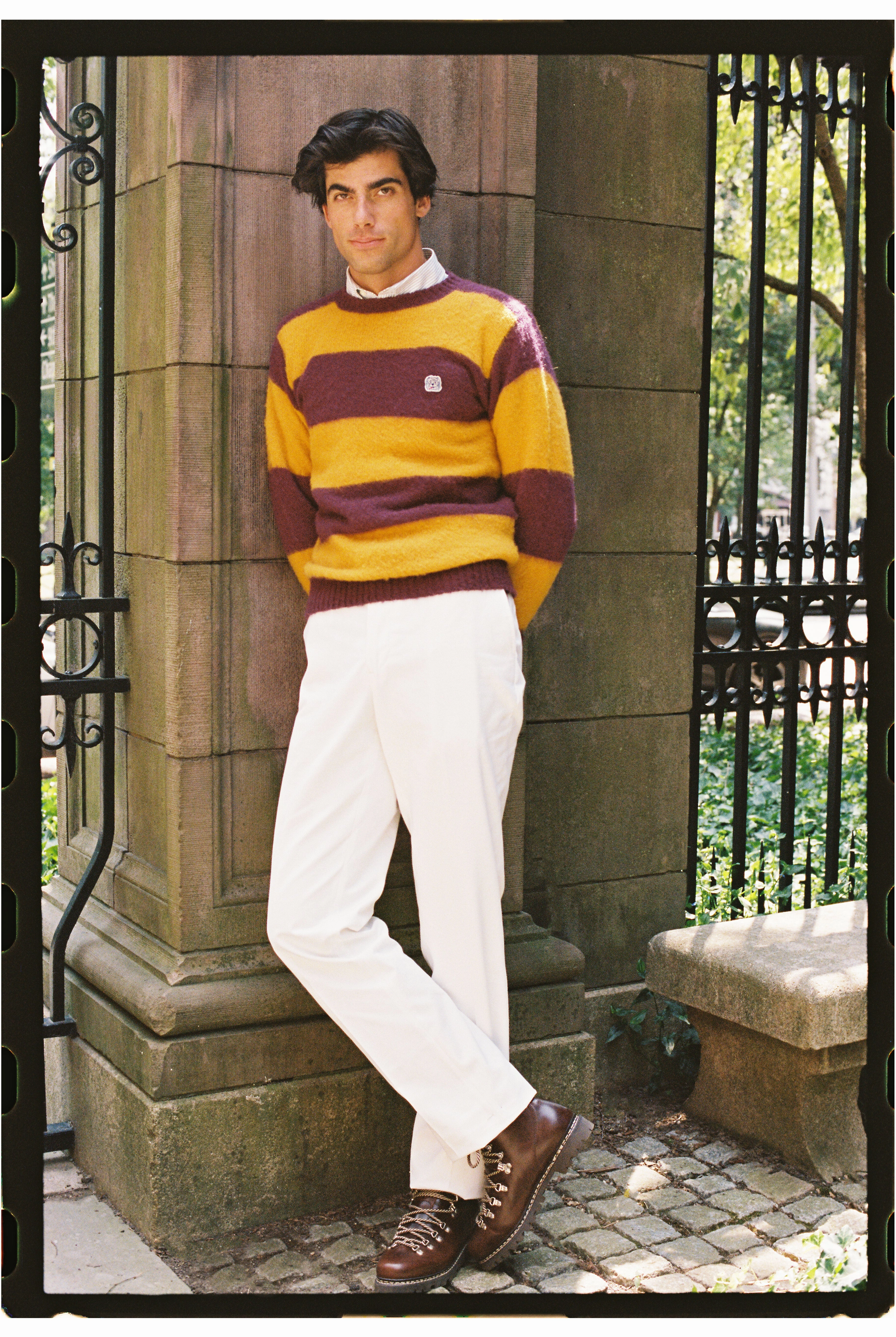 Layered Chic Fashion Statement Made-in-Scotland Purple & Yellow Stripe Shaggy Dog Icon Sweater - Classic Fit