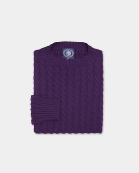 Layering Style Fashion Forward Wear Made-in-Scotland Purple Cable Knit Cashmere Sweater