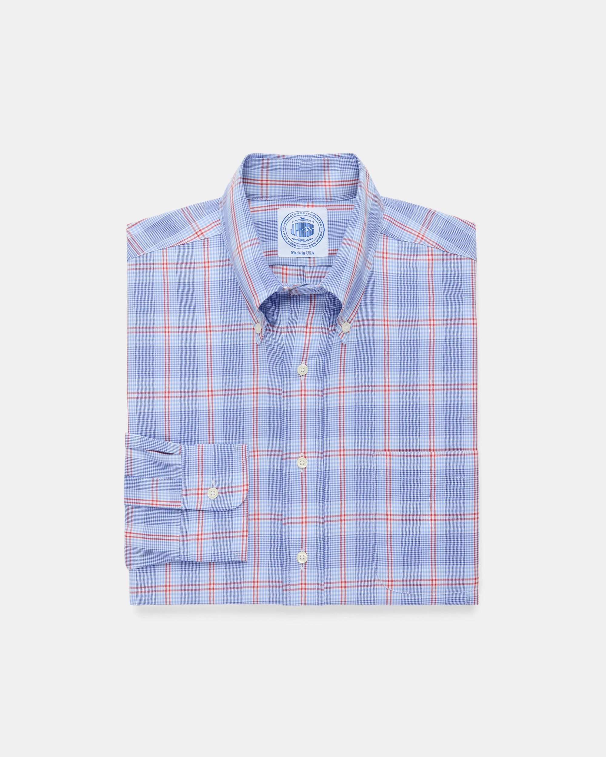 Modern Aesthetic Work From Home Made-in-USA Blue & Red Windowpane Button Down Sport Shirt - Classic Fit