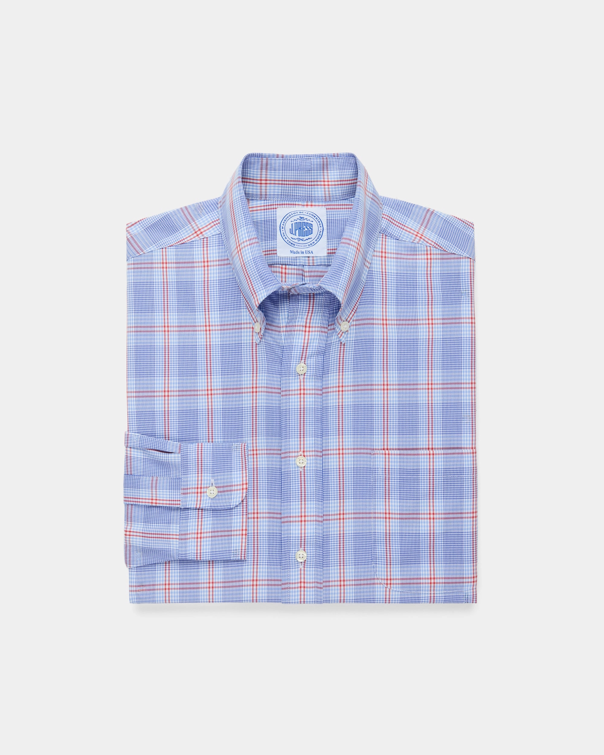 Made-in-USA Blue & Red Windowpane Button Down Sport Shirt - Classic Fit Solid Hue Standalone Option