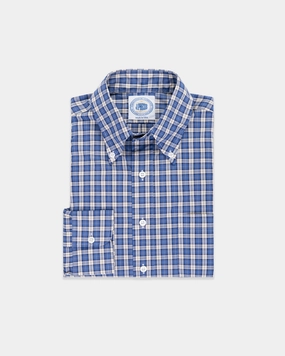 Cuffed hem Wrinkle Resistant Material Made-in-USA Blue & White Mini Tartan Sport Shirt - Classic Fit