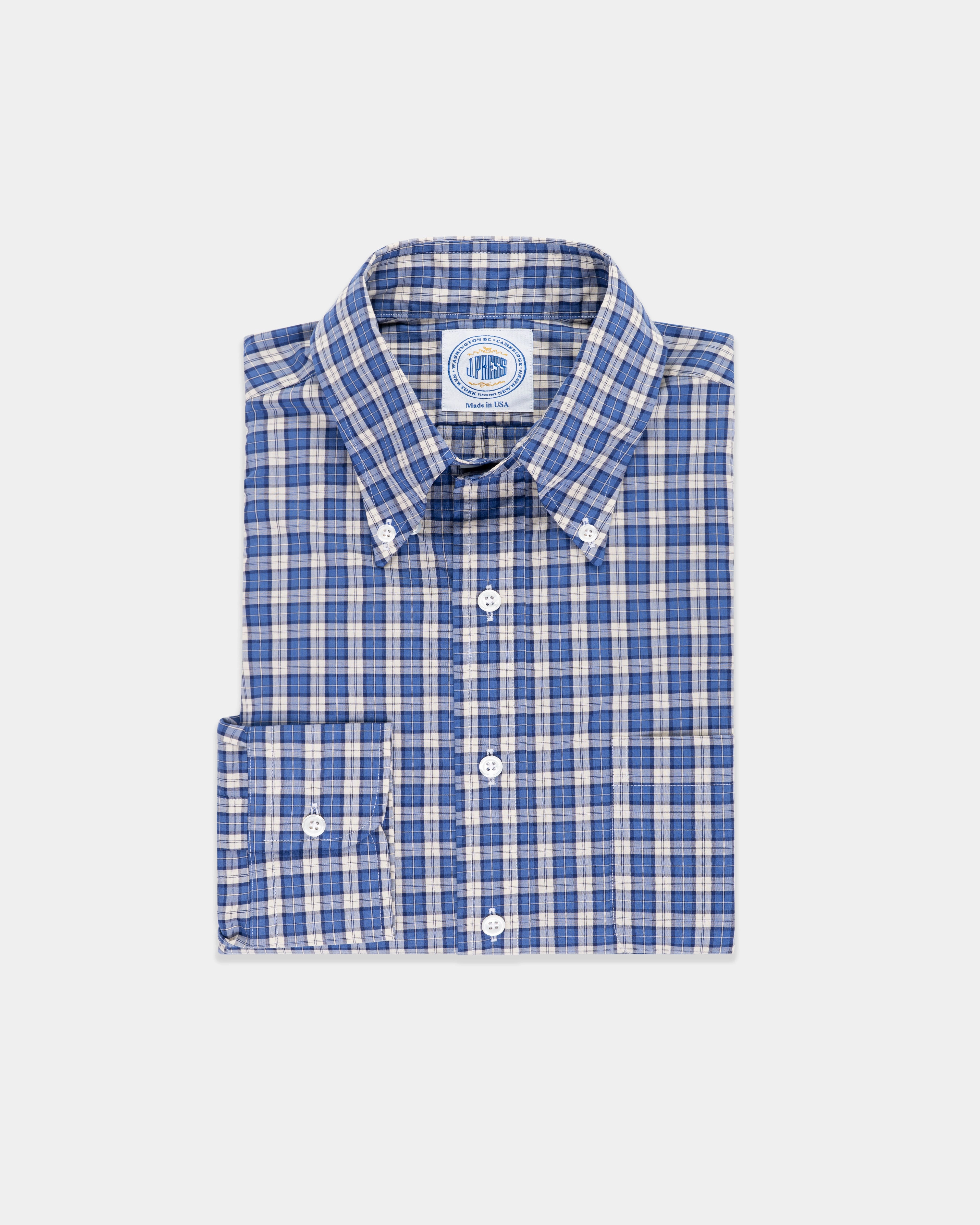 Cuffed hem Wrinkle Resistant Material Made-in-USA Blue & White Mini Tartan Sport Shirt - Classic Fit