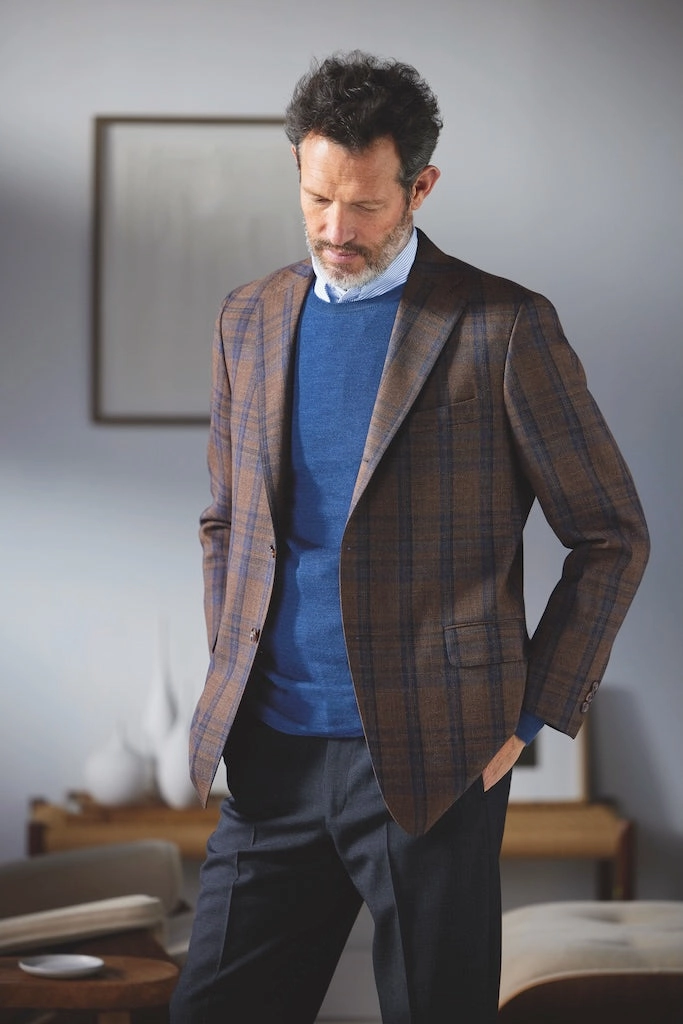 Made-in-USA Brown & Navy Windowpane Fox Air Wool Sport Coat Smart Wear No Gap Closure System