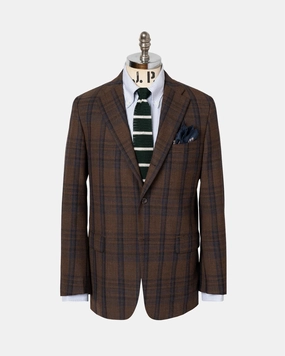Made-in-USA Brown & Navy Windowpane Fox Air Wool Sport Coat Flattering wear Crisp Fit
