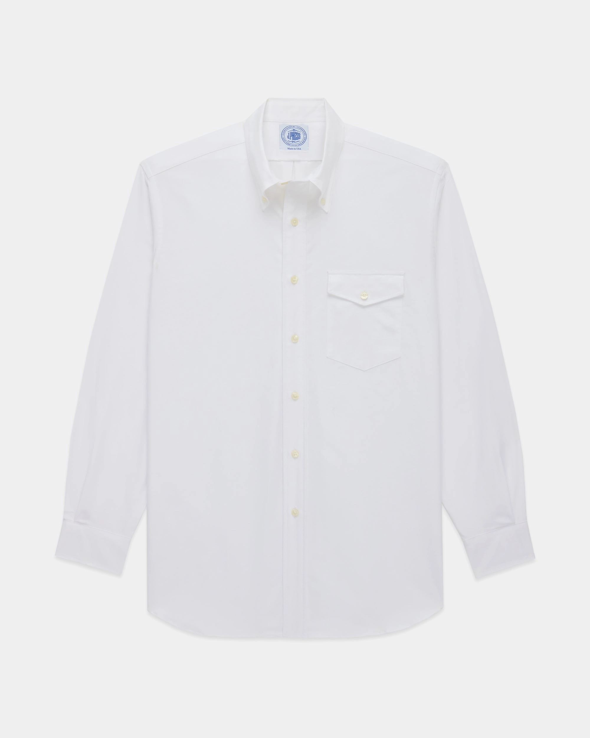 Durable Material Made-in-USA Flap Pocket White Oxford Cloth Button Down Shirt - Classic Fit