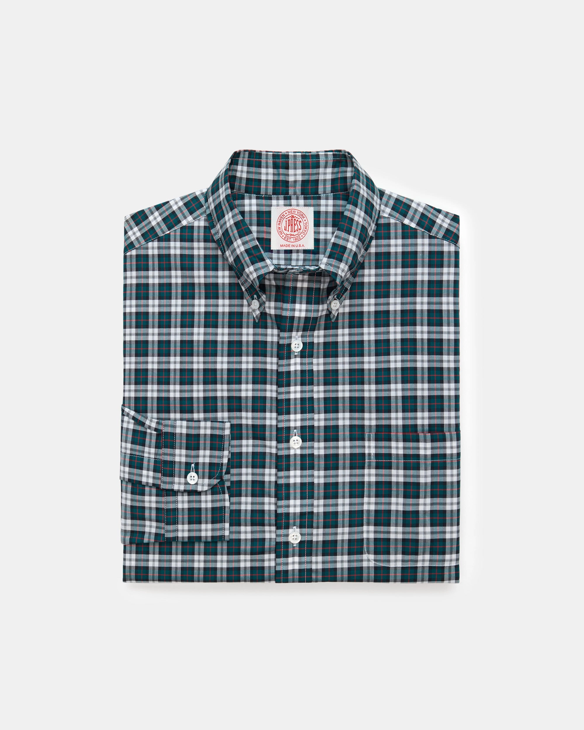 Made-in-USA Green & White Tartan Broadcloth Sport Shirt - Classic Fit Eco-Friendly Choice