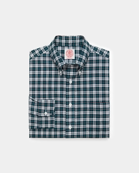 Made-in-USA Green & White Tartan Broadcloth Sport Shirt - Classic Fit Eco-Friendly Choice