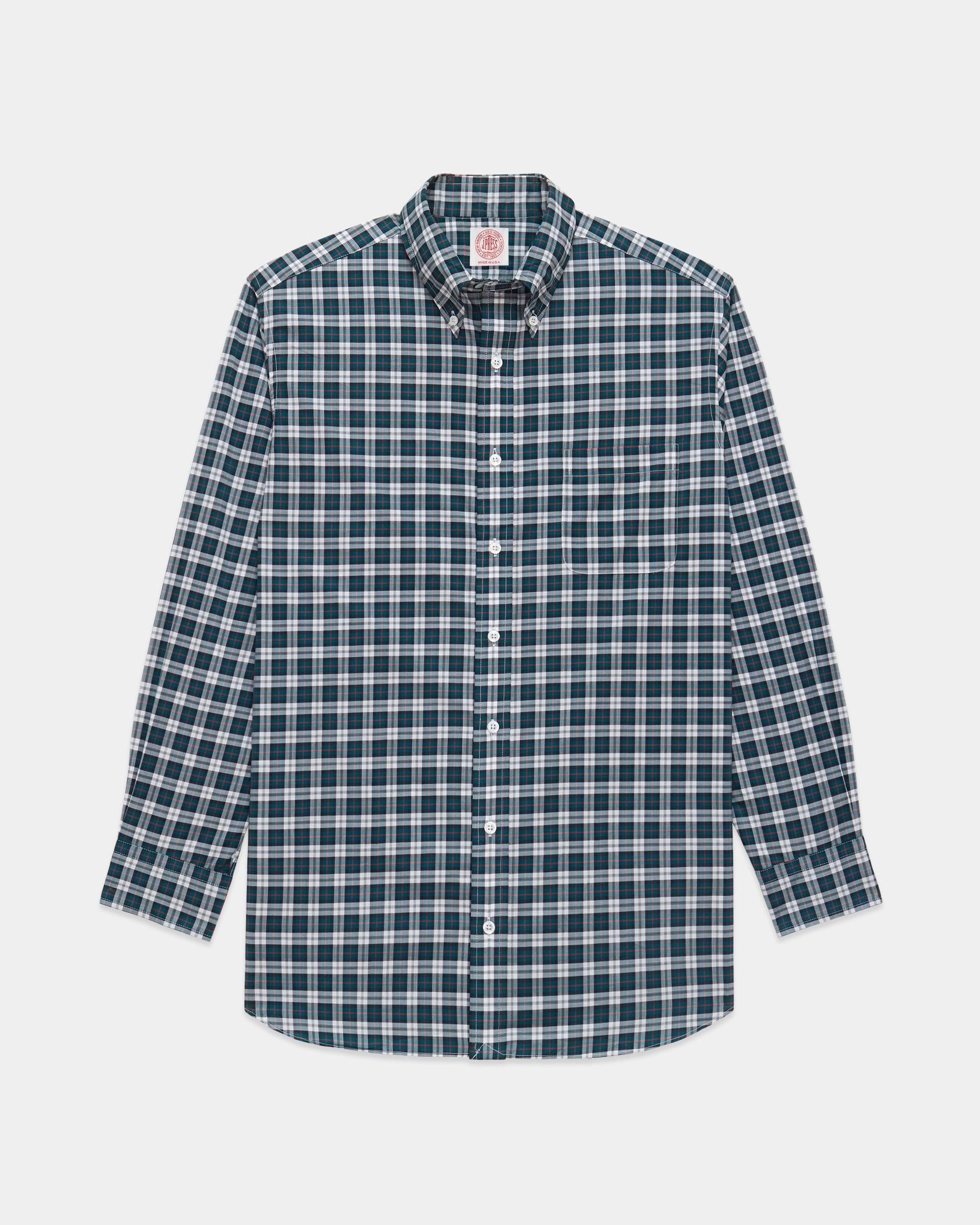 Made-in-USA Green & White Tartan Broadcloth Sport Shirt - Classic Fit Premium Quality Flexible Mobility
