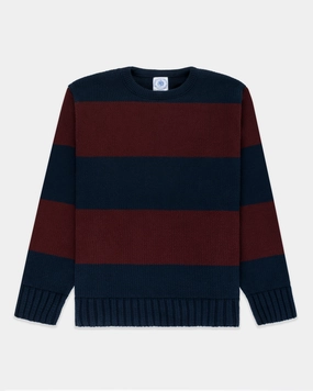 Made-in-USA Navy & Burgundy Chunky Cotton Stripe Sweater Lightweight Cable Pattern