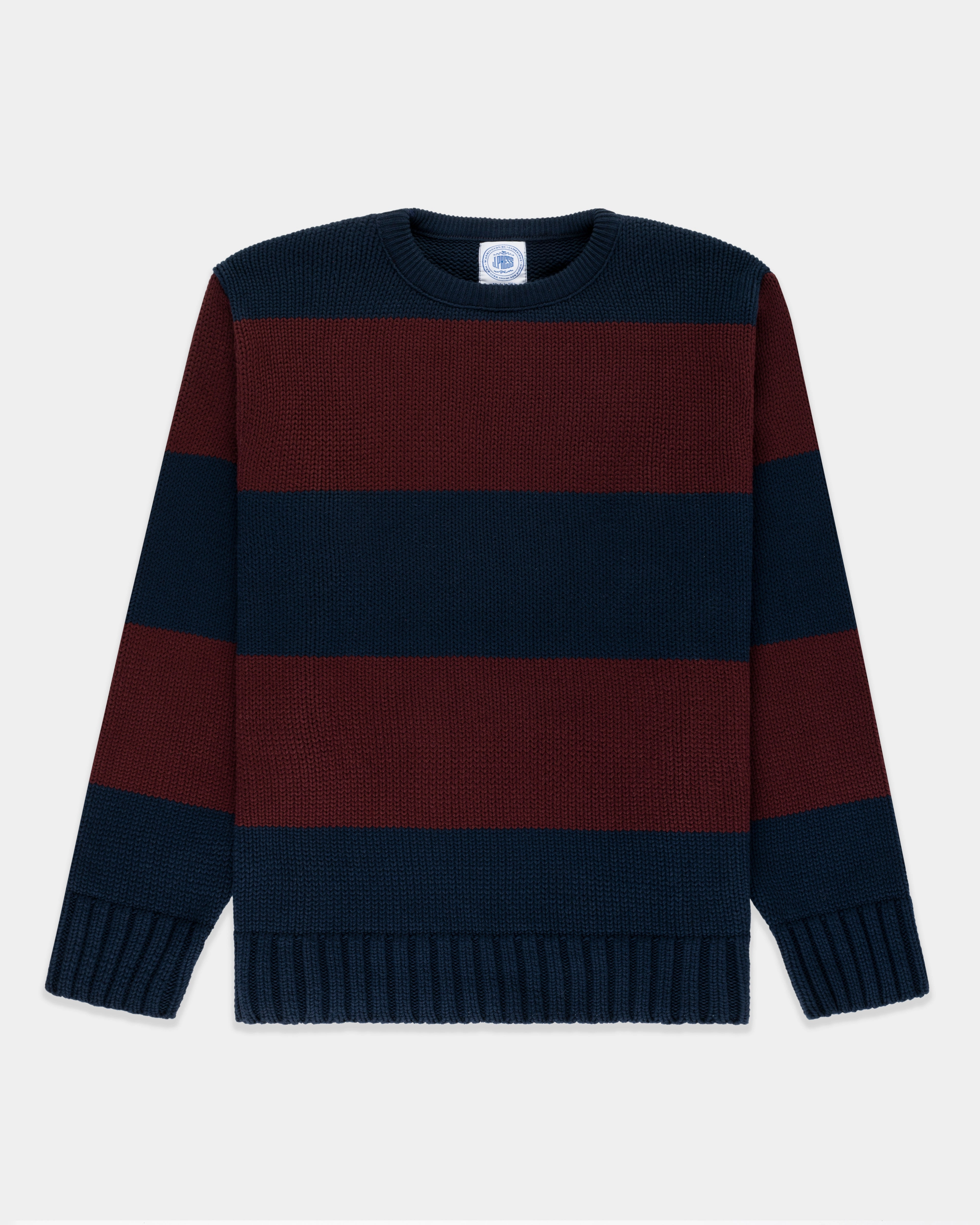 Made-in-USA Navy & Burgundy Chunky Cotton Stripe Sweater Lightweight Cable Pattern