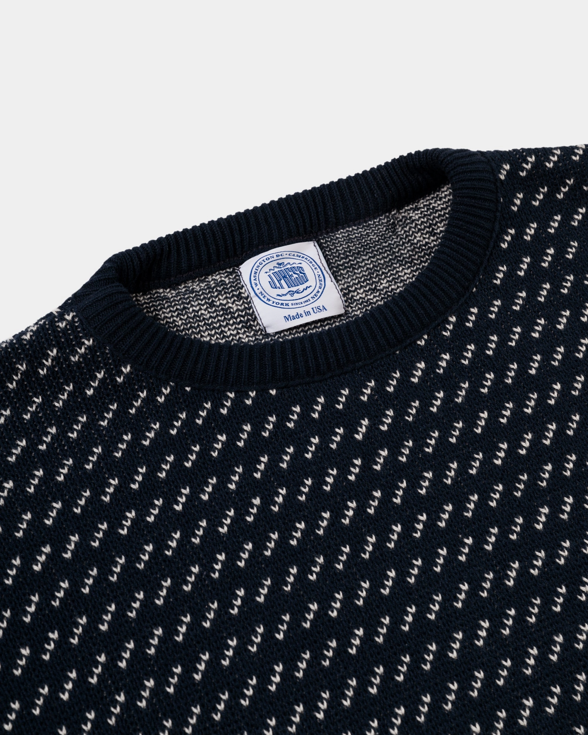 Comfy Fit Made-in-USA Navy & Natural Chevron Cotton Crewneck Sweater
