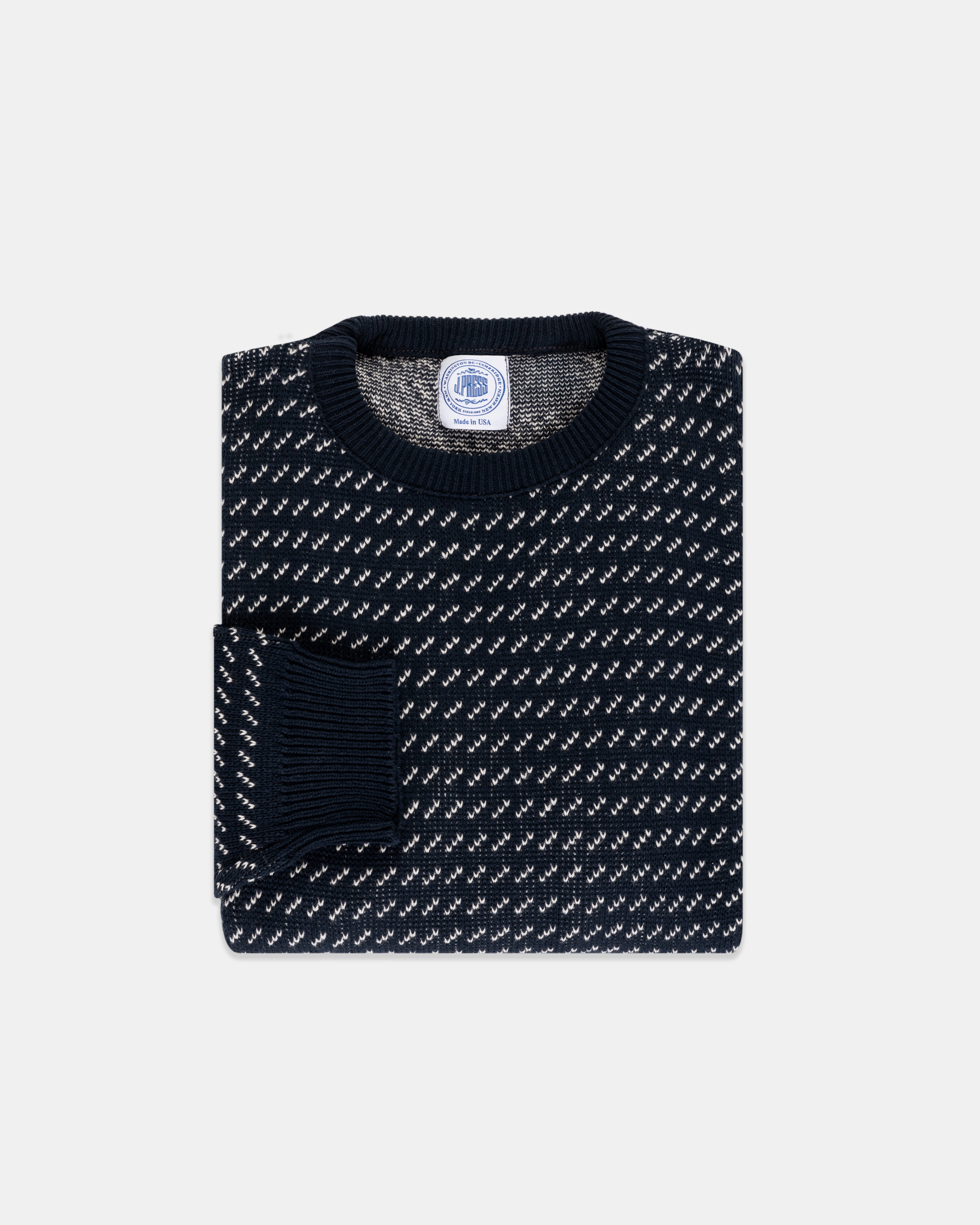 Wrinkle Resistant Moisture Wicking Technology Made-in-USA Navy & Natural Chevron Cotton Crewneck Sweater