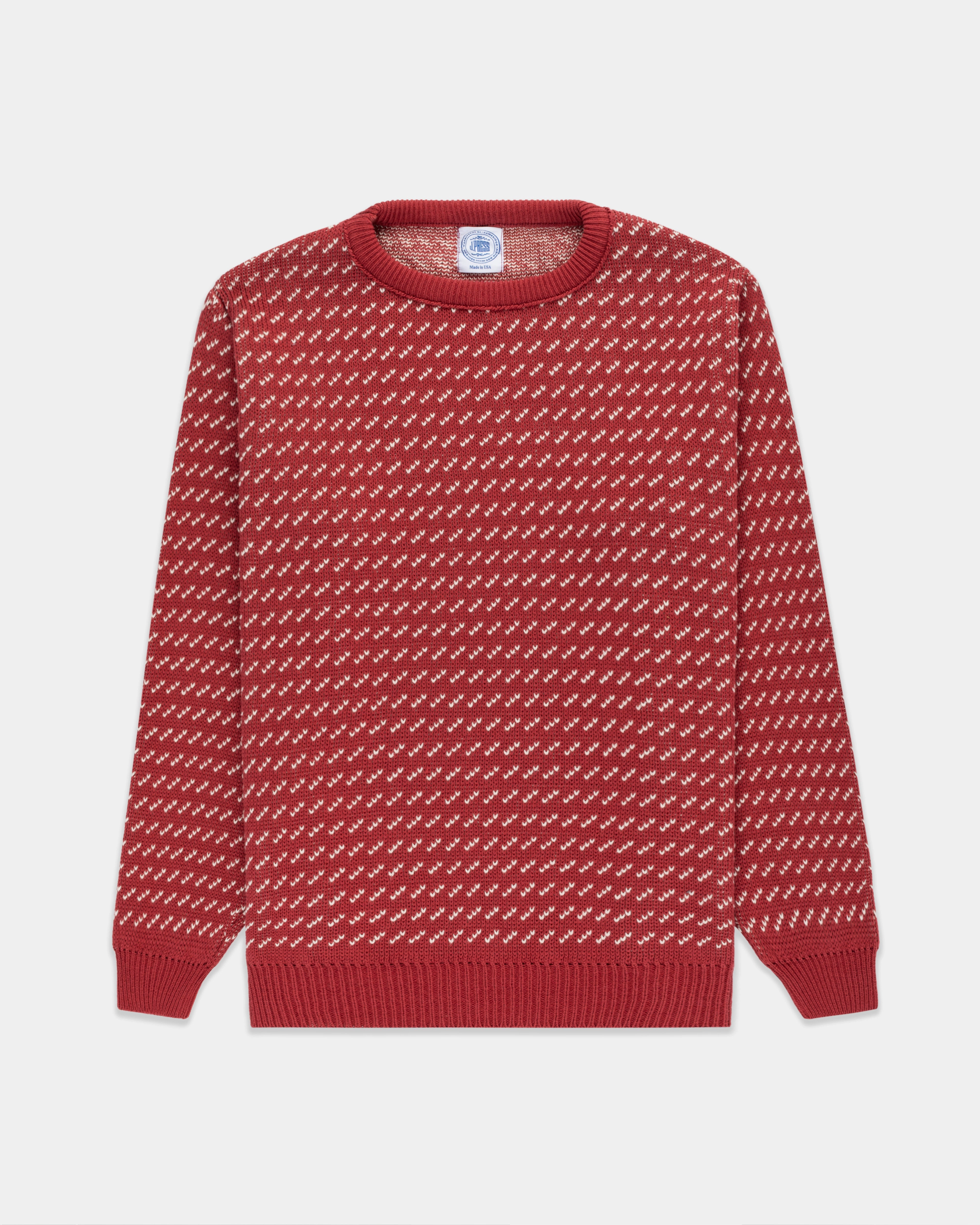 Odor Resistant Finish Made-in-USA Red & Natural Chevron Cotton Crewneck Sweater