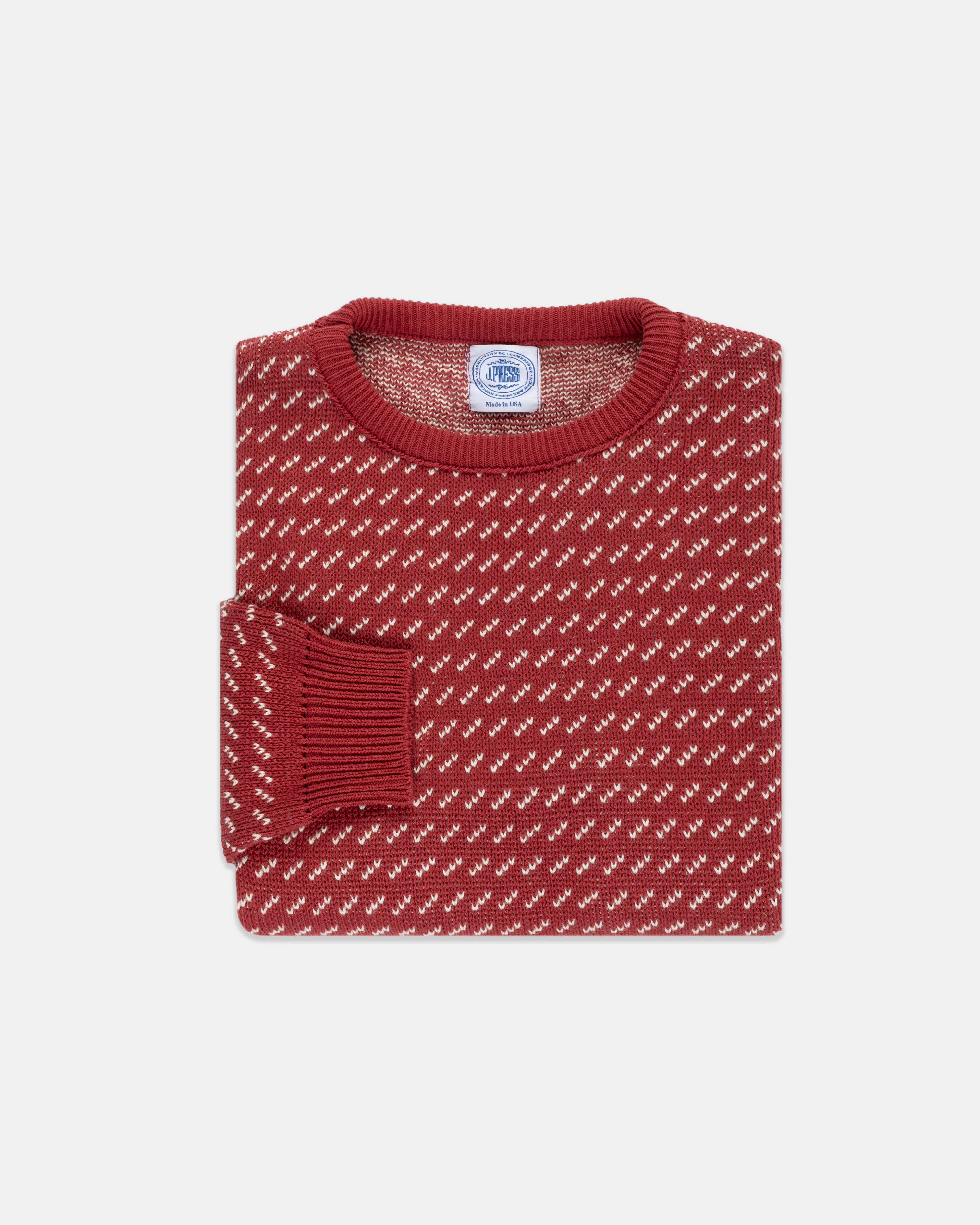 Non Pilling Surface Made-in-USA Red & Natural Chevron Cotton Crewneck Sweater