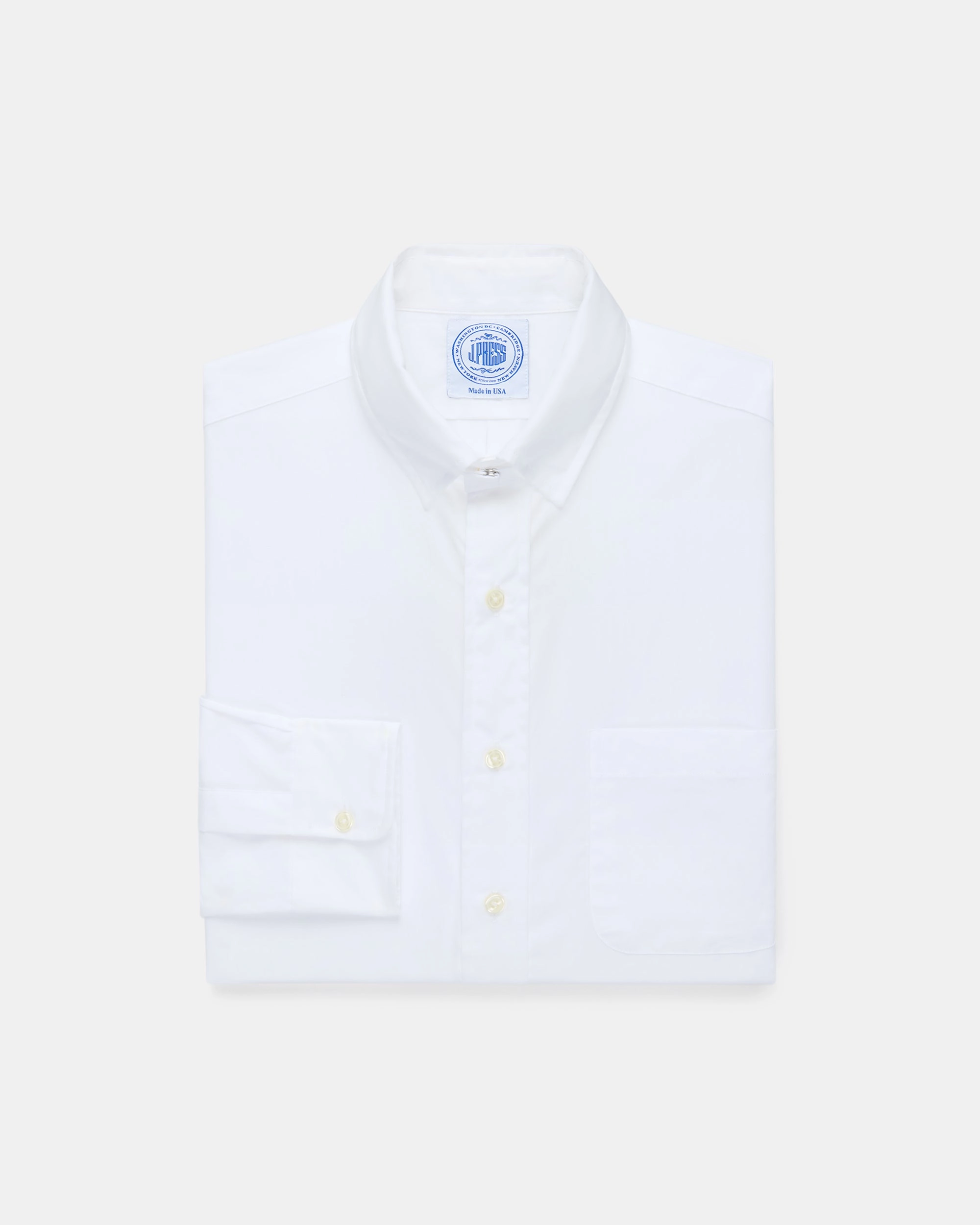 Made-in-USA Solid White Broadcloth Snap Tab Collar Shirt - Classic Fit Preppy Vibe