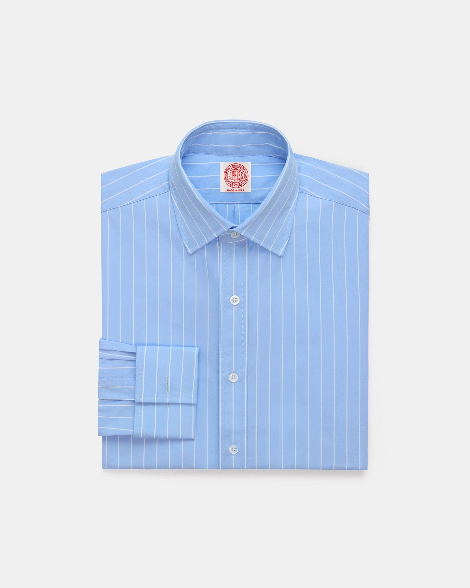 Made-in-USA Thomas Mason Blue & White Stripe Spread Collar French Cuff Dress Shirt - Regular Fit Smart Casual