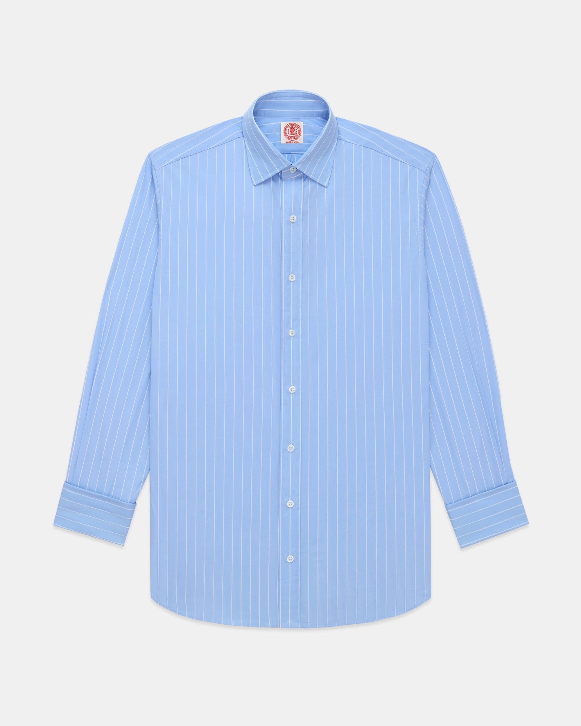 Customizable Design Made-in-USA Thomas Mason Blue & White Stripe Spread Collar French Cuff Dress Shirt - Regular Fit