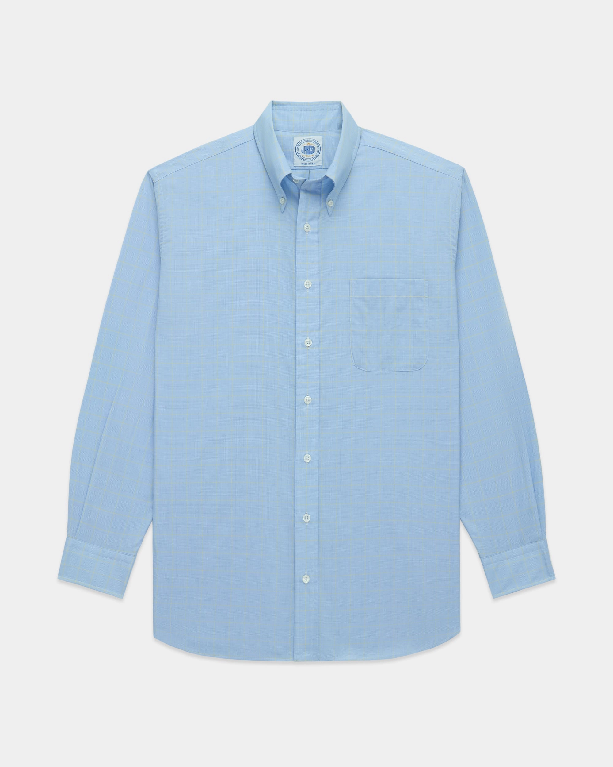 Made-in-USA Thomas Mason Blue & Yellow Glen Plaid Button Down Shirt - Regular Fit Customizable Design Functional Wear