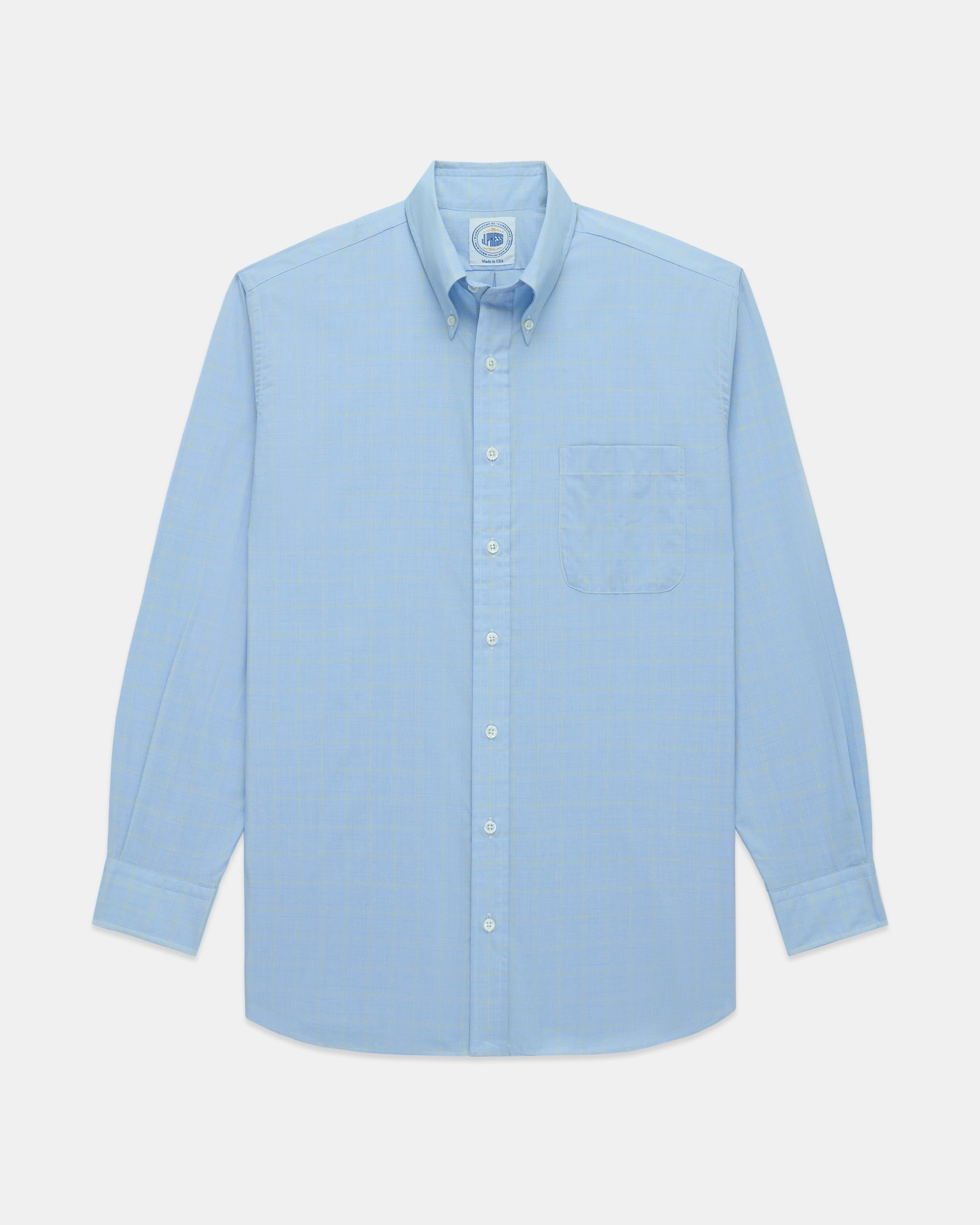 Weekend Style high-low hem Made-in-USA Thomas Mason Blue & Yellow Glen Plaid Button Down Shirt - Regular Fit
