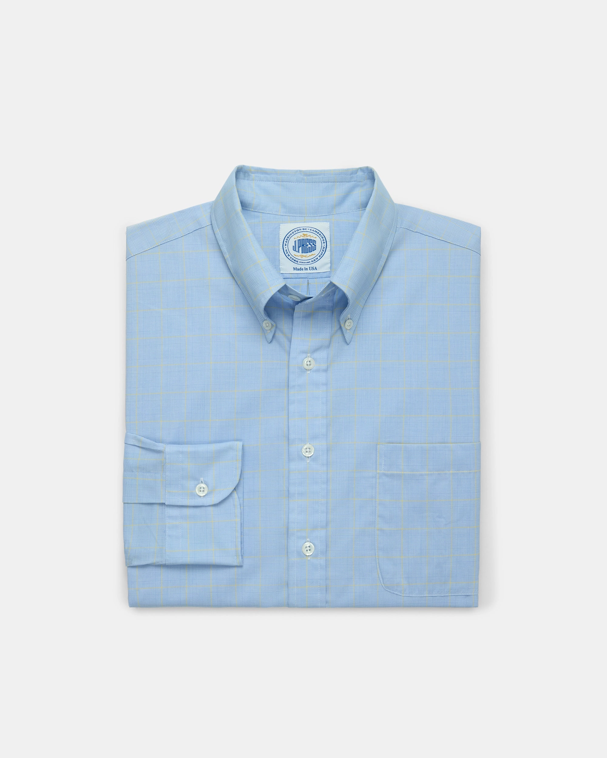 Made-in-USA Thomas Mason Blue & Yellow Glen Plaid Button Down Shirt - Regular Fit Versatile Layering Piece