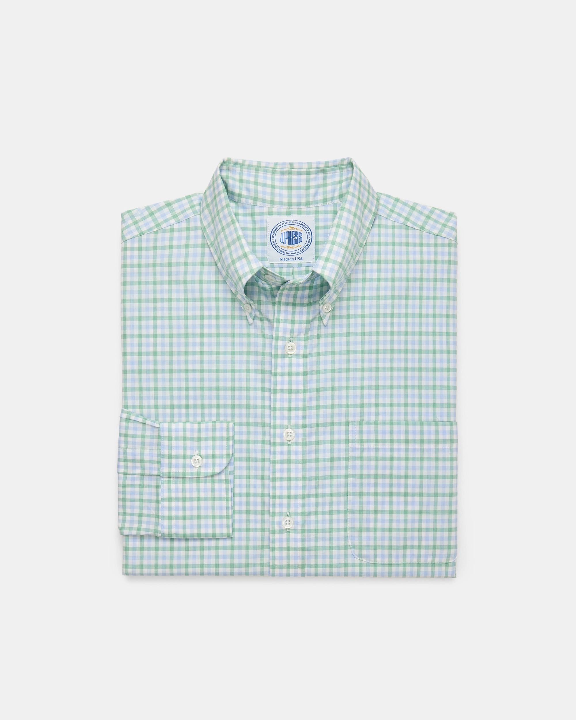 adult clothing Geometric Design Made-in-USA Thomas Mason Blue and Green Tattersall Button Down Shirt - Regular Fit